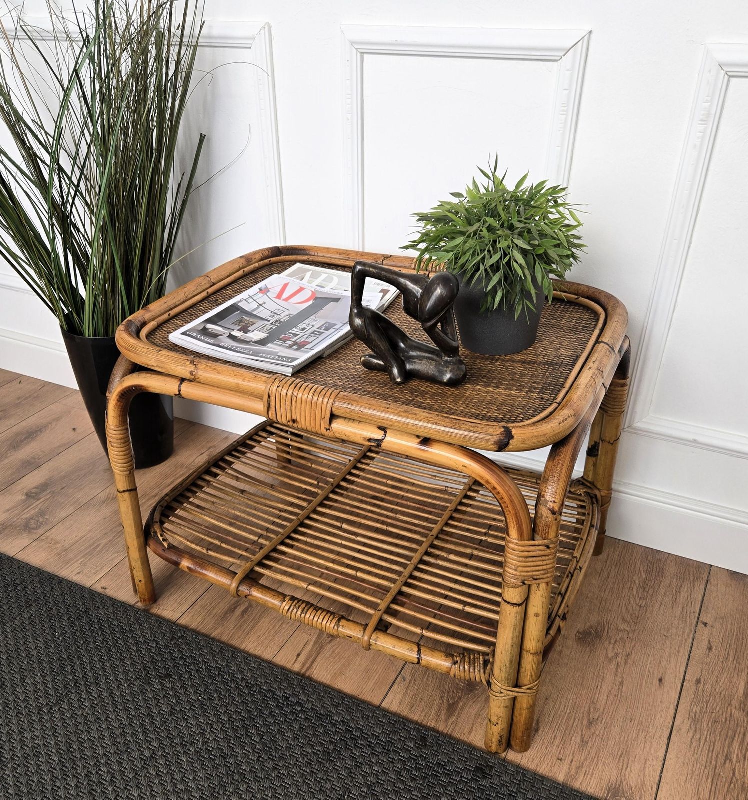 1960s Italian Bamboo Rattan Bohemian French Riviera Side Accent Table photo Furniture