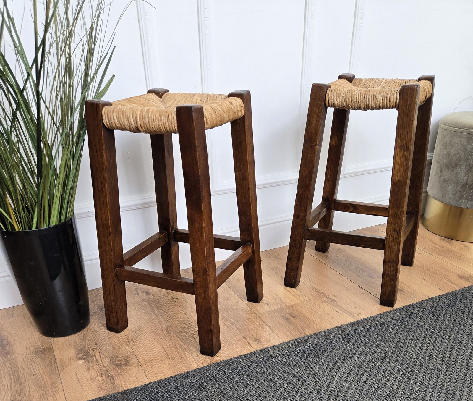 Pair Of 1960s Italian Midcentury Wood And Cord Woven Rope Stools photo vinterior