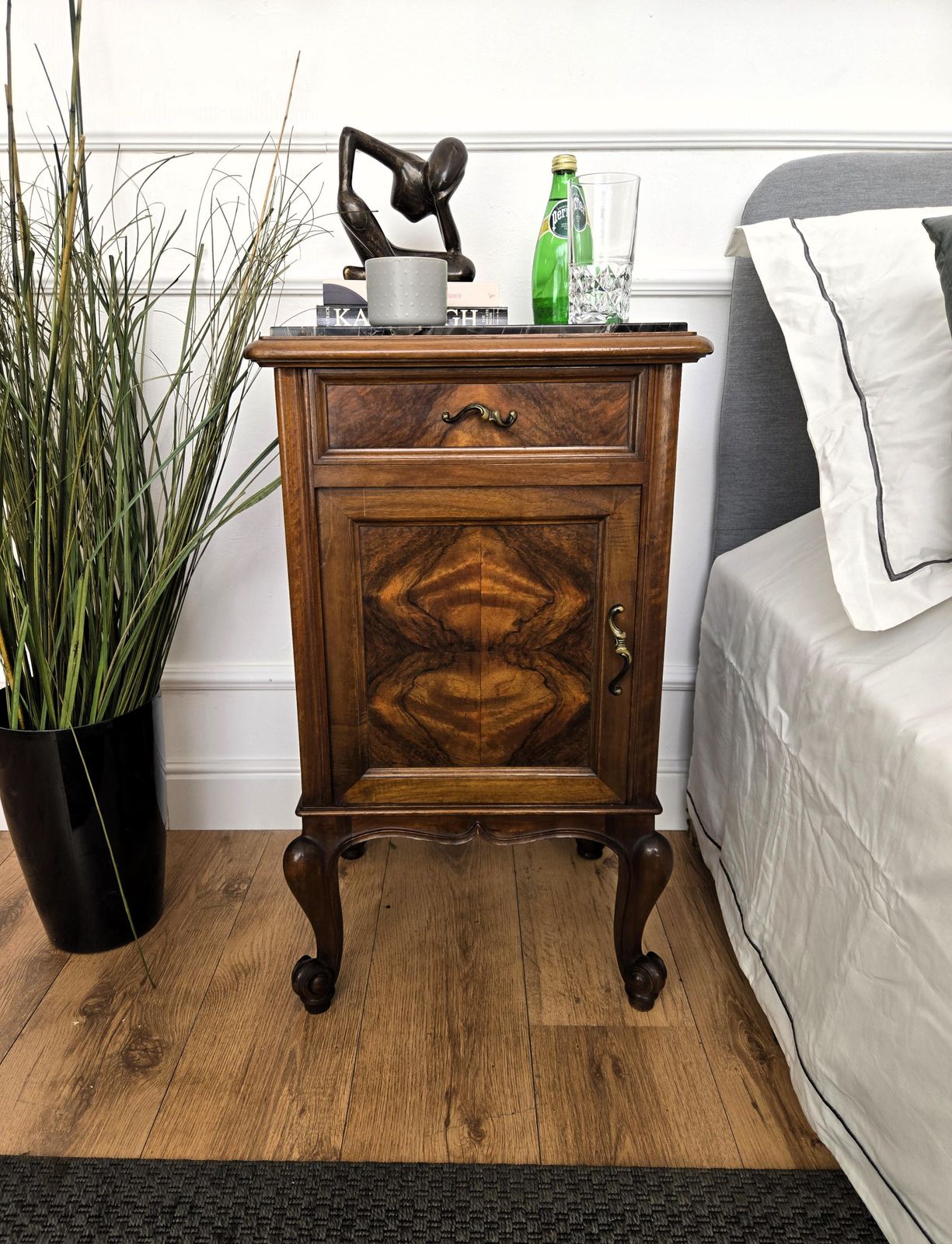 Pair Of Italian Antique Walnut Burl And Portoro Marble Night Stands Bed Tables photo furniture