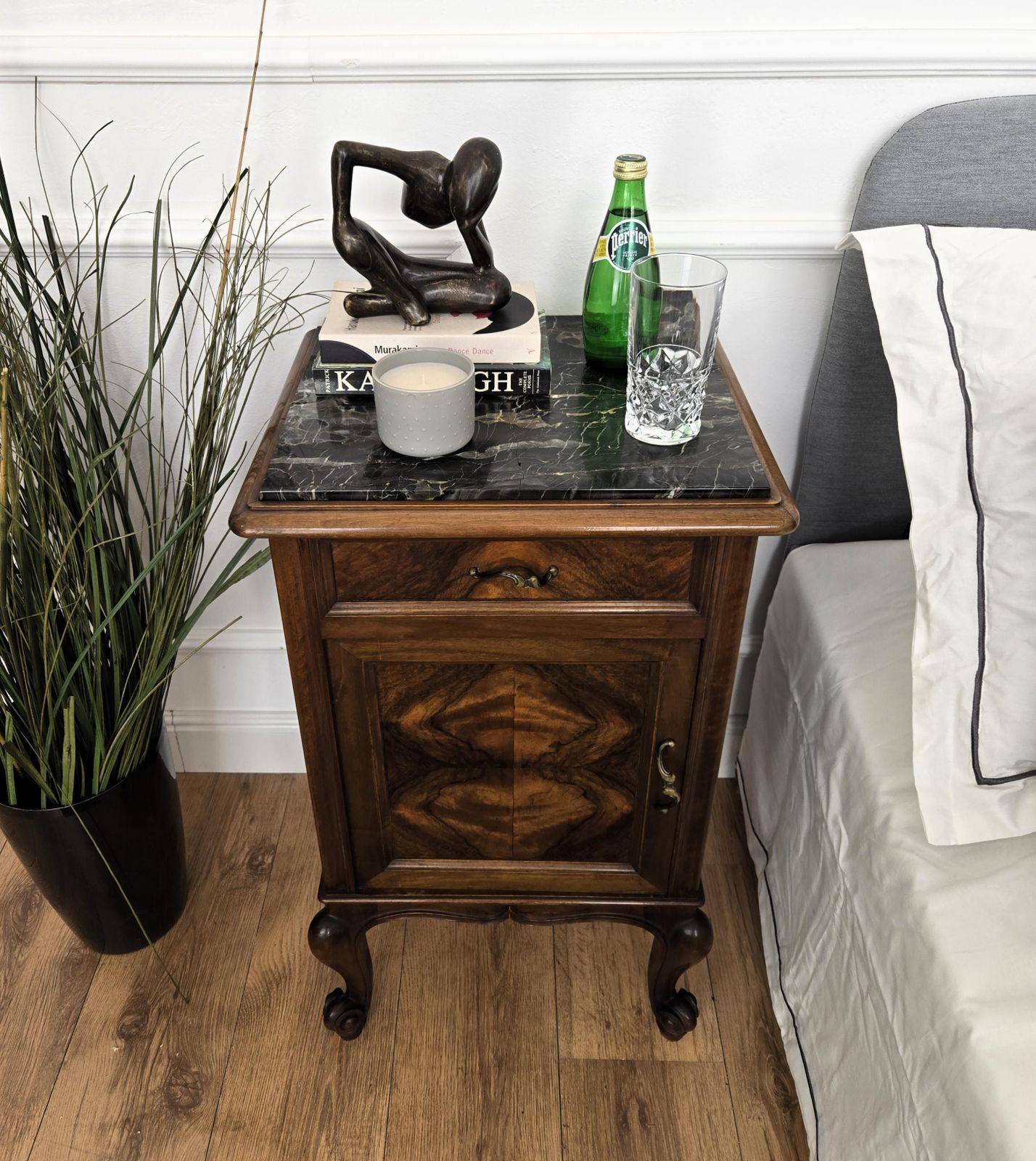 Pair Of Italian Antique Walnut Burl And Portoro Marble Night Stands Bed Tables photo for sale