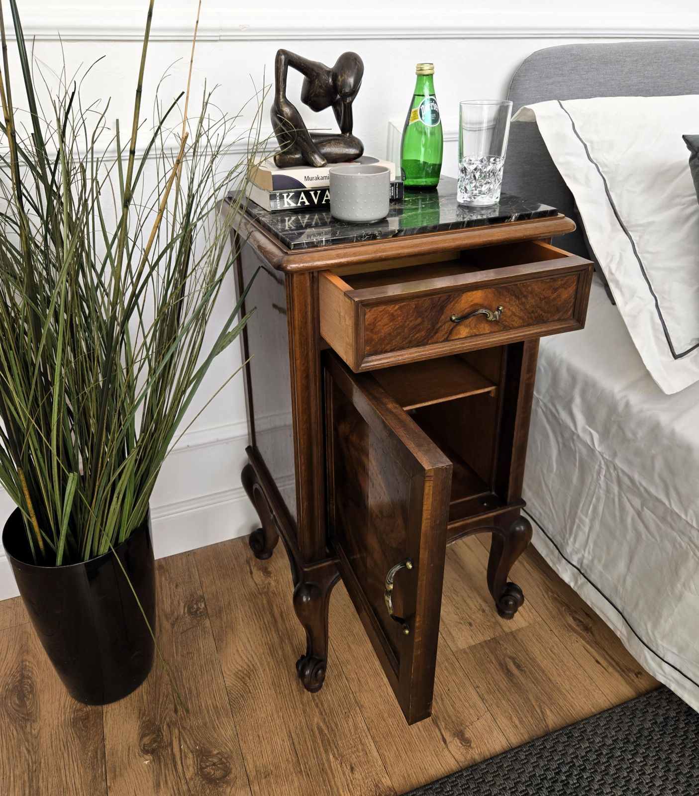 Pair Of Italian Antique Walnut Burl And Portoro Marble Night Stands Bed Tables photo Furniture