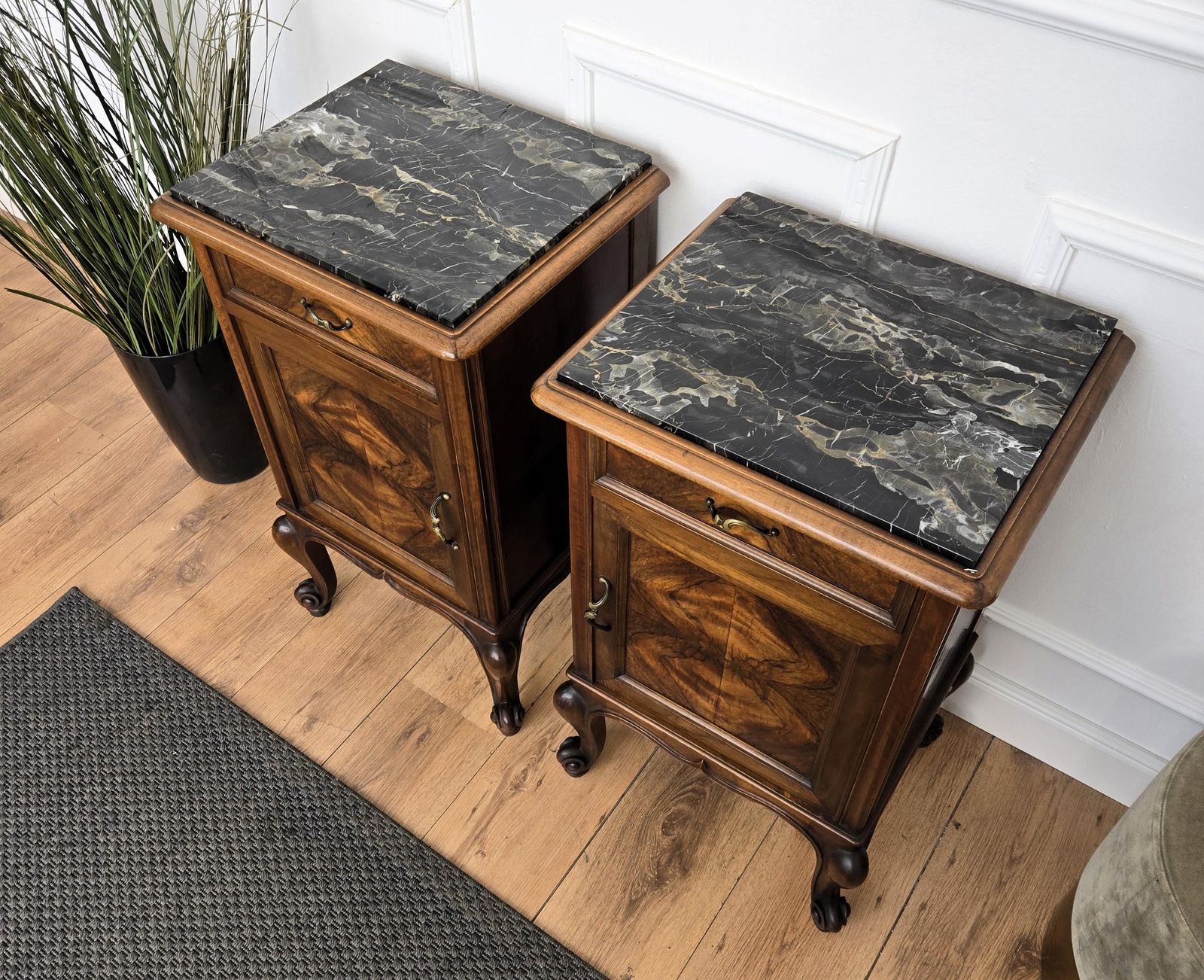Pair Of Italian Antique Walnut Burl And Portoro Marble Night Stands Bed Tables photo vinterior