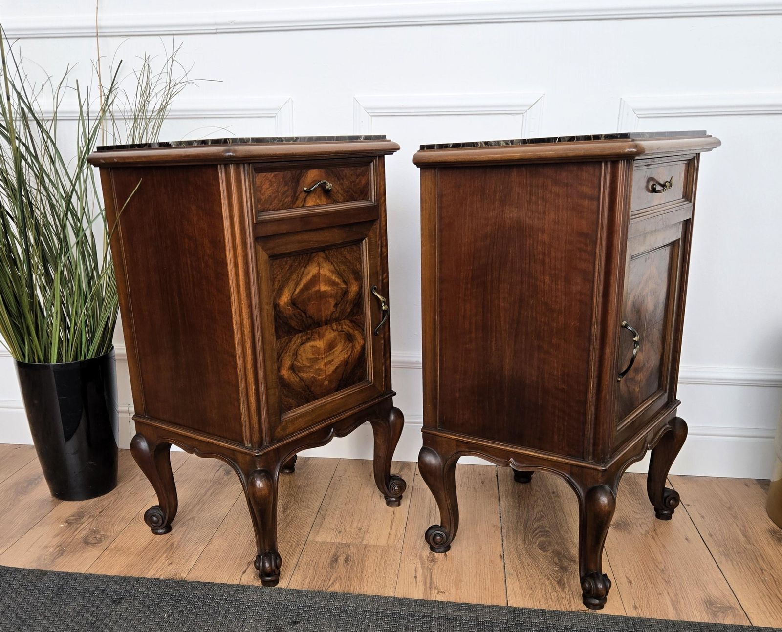 photo furniture Pair Of Italian Antique Walnut Burl And Portoro Marble Night Stands Bed Tables
