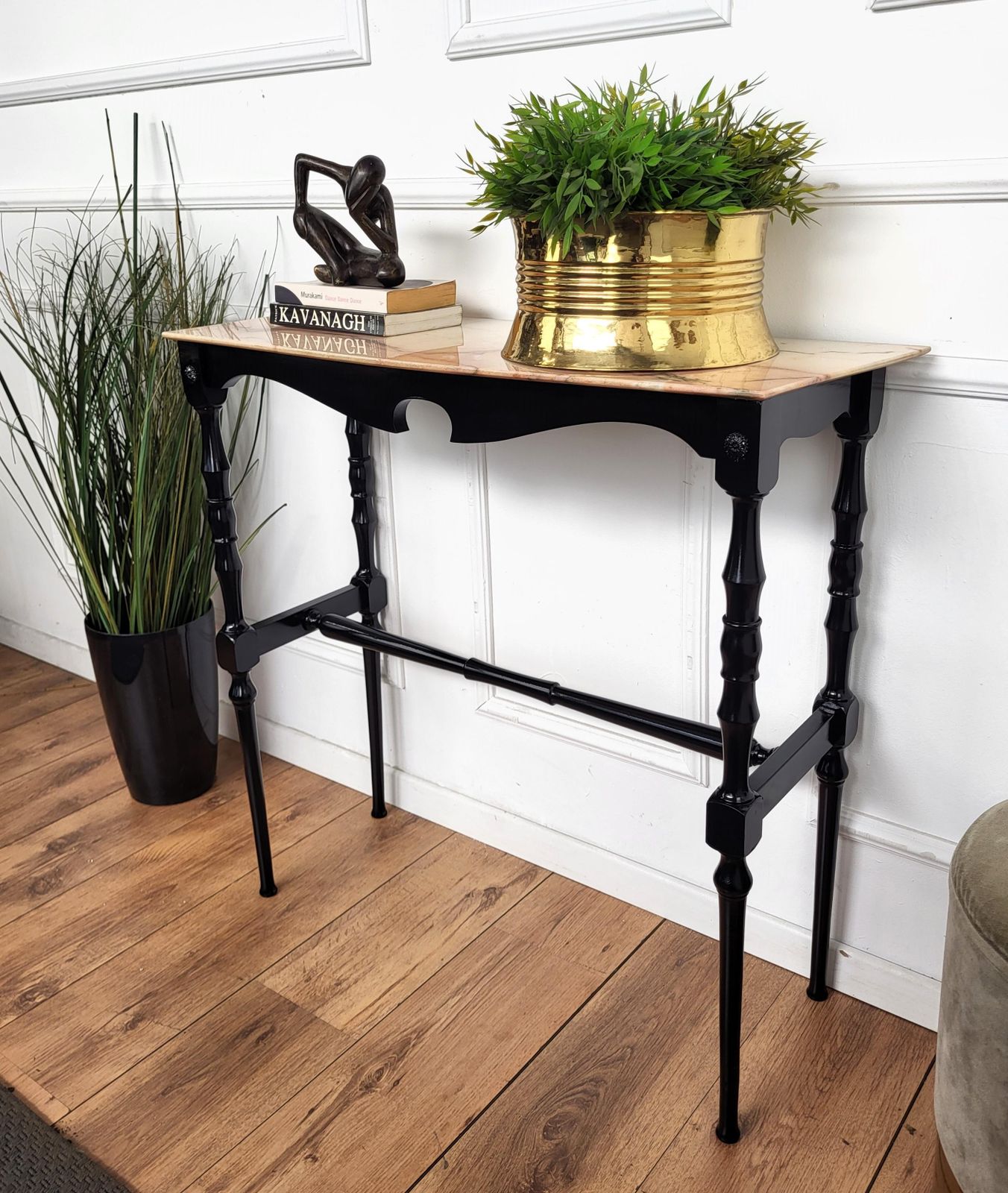 1950s Midcentury Italian Black Wood Brass Wall Console Table With Marble Top photo Furniture