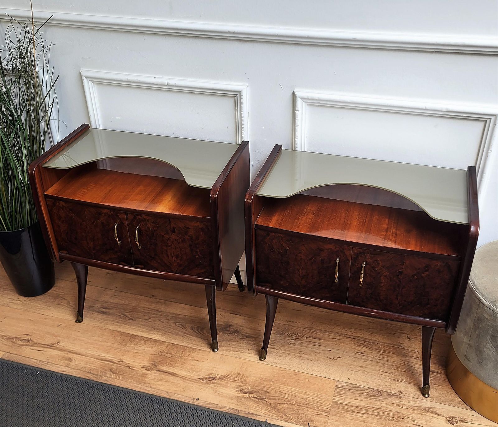 Italian Midcentury Art Deco Night Stands Bedside Tables Wood Brass & Glass photo Furniture