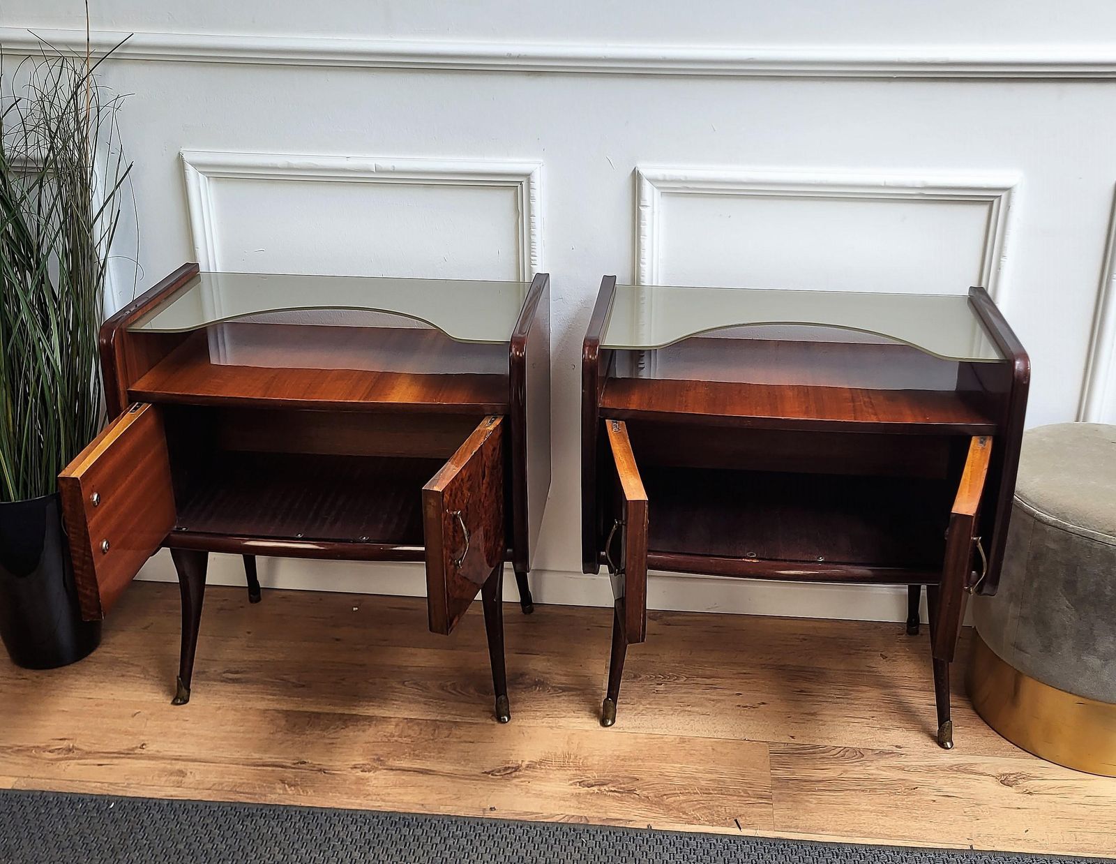 Italian Midcentury Art Deco Night Stands Bedside Tables Wood Brass & Glass photo 1386.0