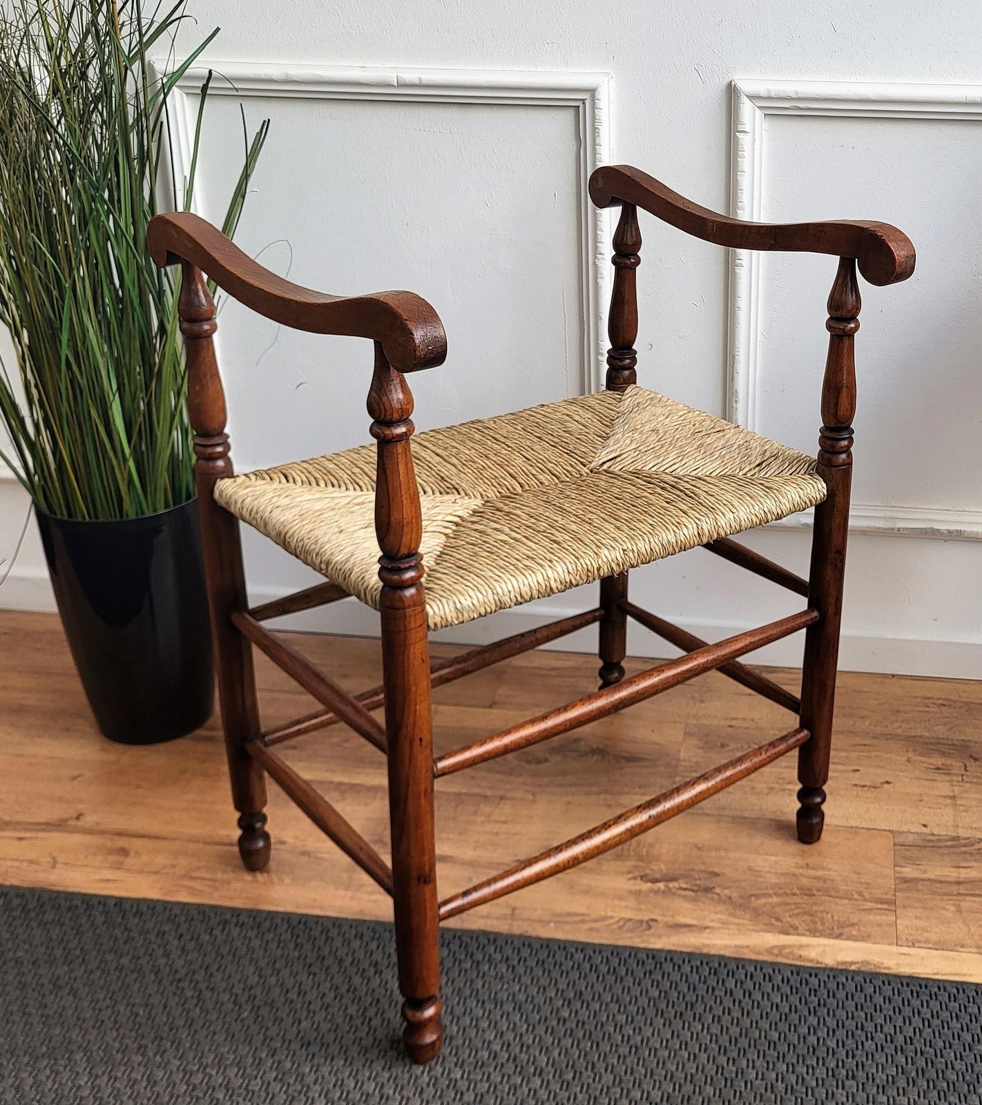 1960s Italian Midcentury Carved Wood And Cord Woven Rope Stool photo vinterior