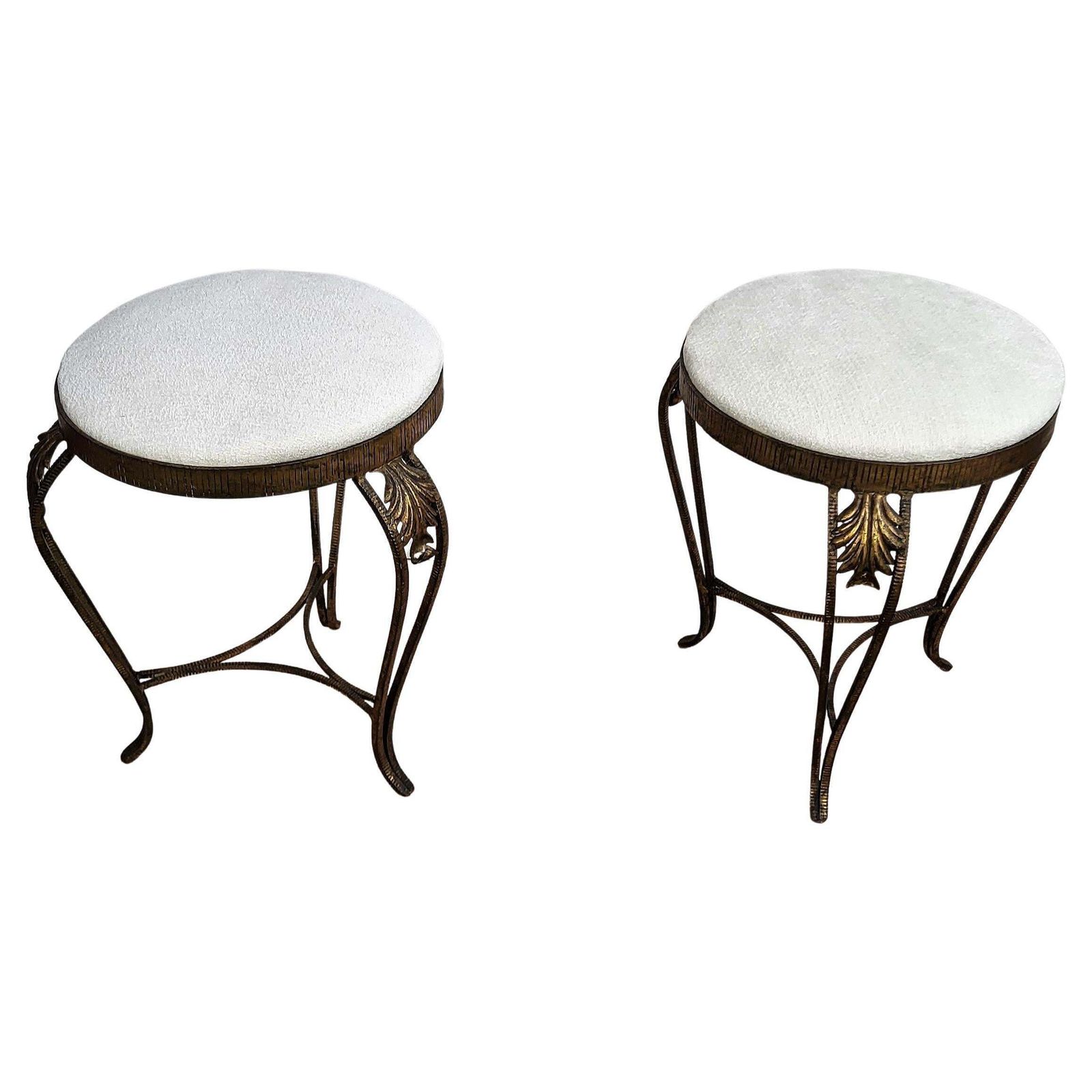 Pair Of Mid Century Italian Gold Brass And White Upholstery Tripod Stools Bench