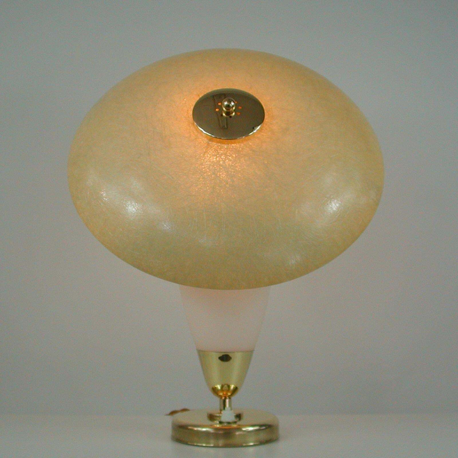 Midcentury Swedish Modern Brass, Opaline And Fiberglass Saucer Table Lamp, 1950s photo for sale