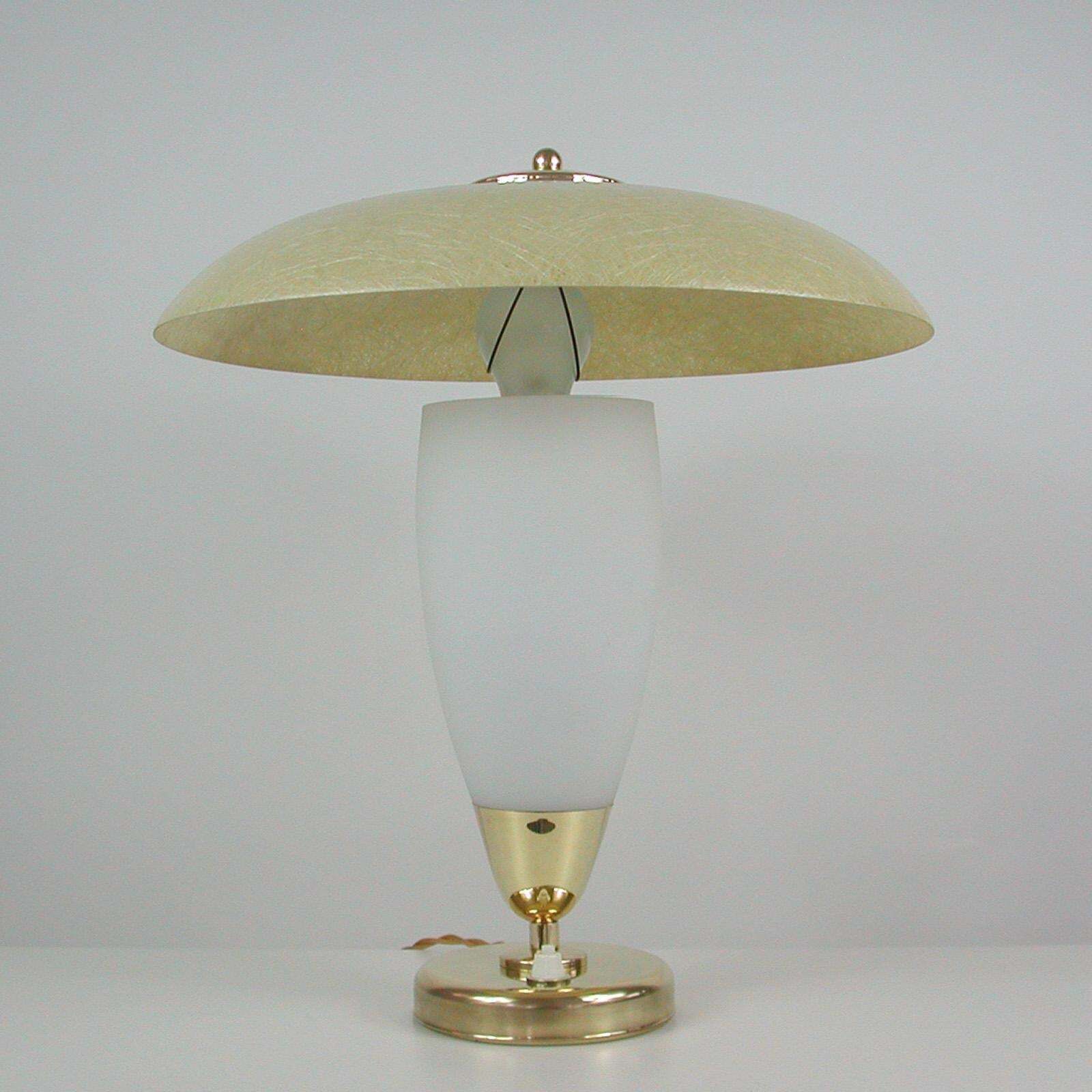 photo furniture Midcentury Swedish Modern Brass, Opaline And Fiberglass Saucer Table Lamp, 1950s