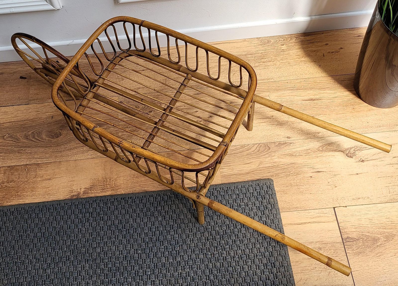 1960s Italian Bamboo Rattan Bohemian French Riviera Basket Magazine Wheelbarrow photo vinterior