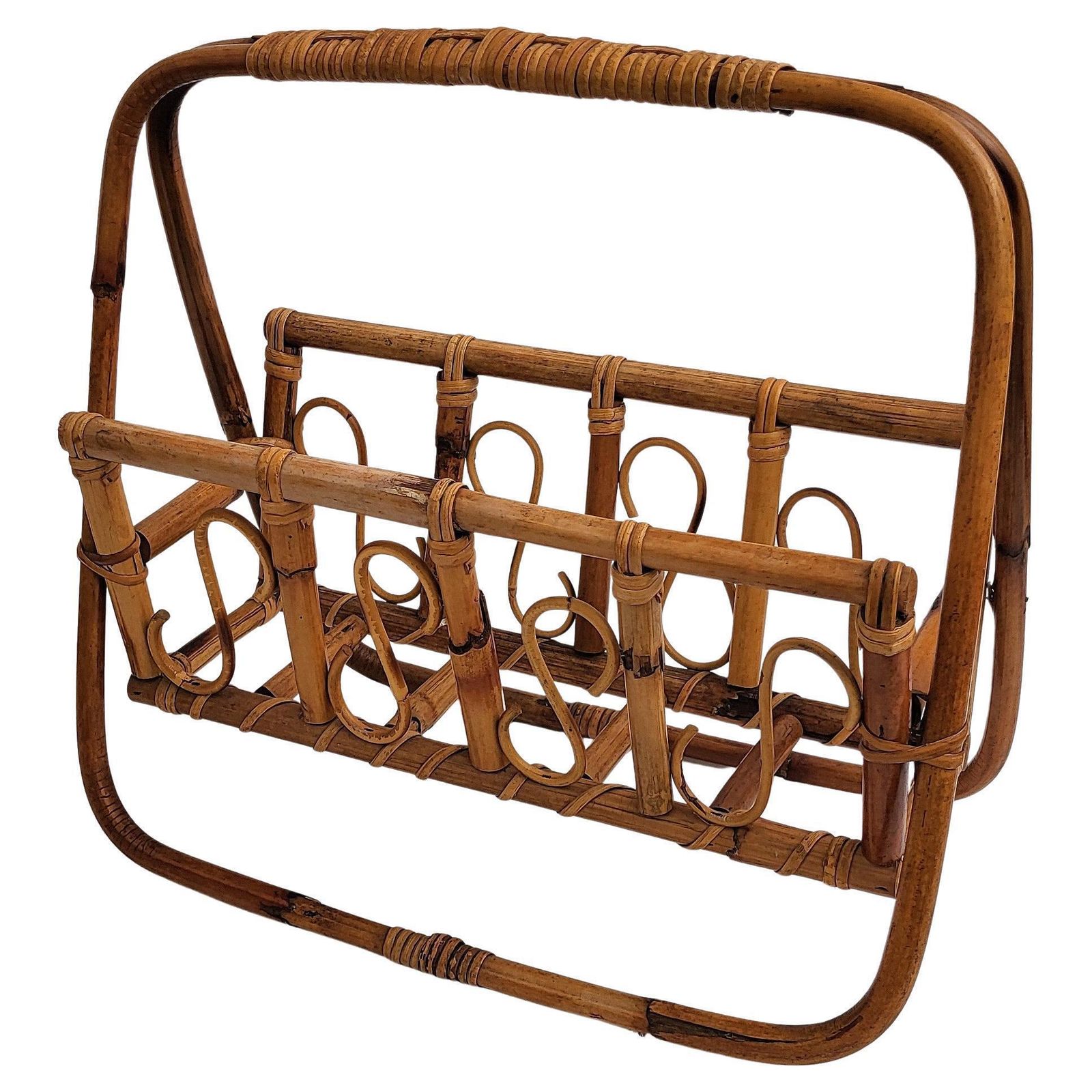 1960s Italian Bamboo Rattan Bohemian French Riviera Magazine Rack Stand