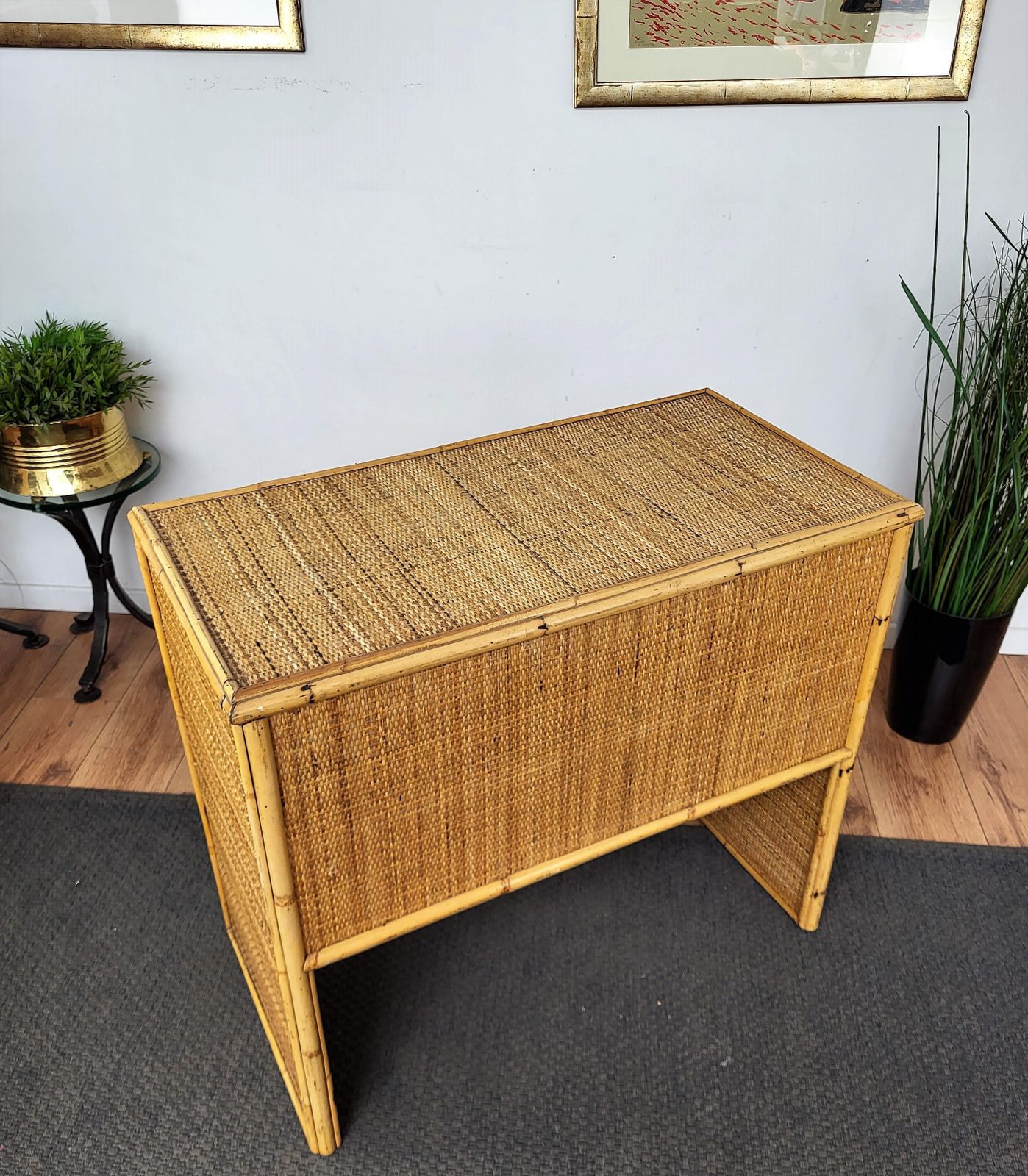Mid Century Bamboo, Wood And Rattan Writing Table Desk With Drawers, Italy 1970s photo Furniture