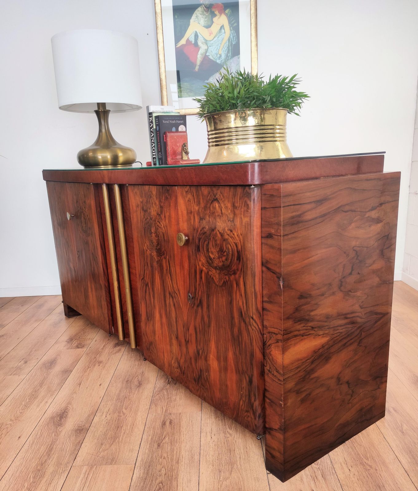 1940s Art Deco Mid Century Modern Italian Walnut Burl Brass Sideboard Credenza photo furniture