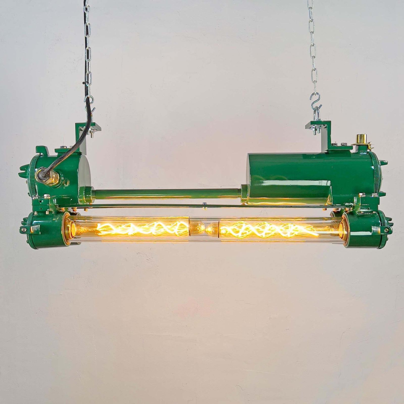 1970's Racing Green Cast Aluminium And Glass Flameproof Edison Tube Light photo furniture
