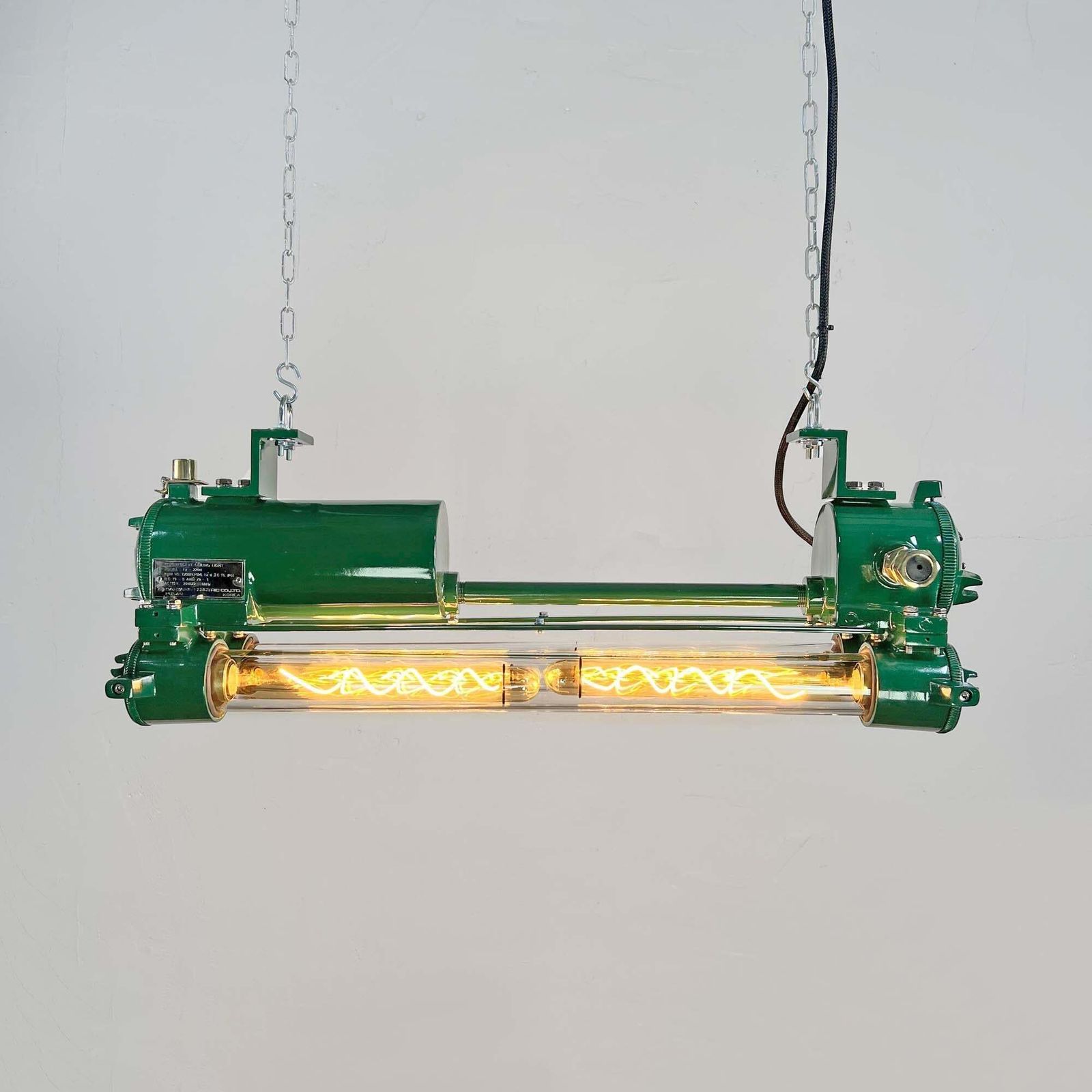 1970's Racing Green Cast Aluminium And Glass Flameproof Edison Tube Light photo for sale