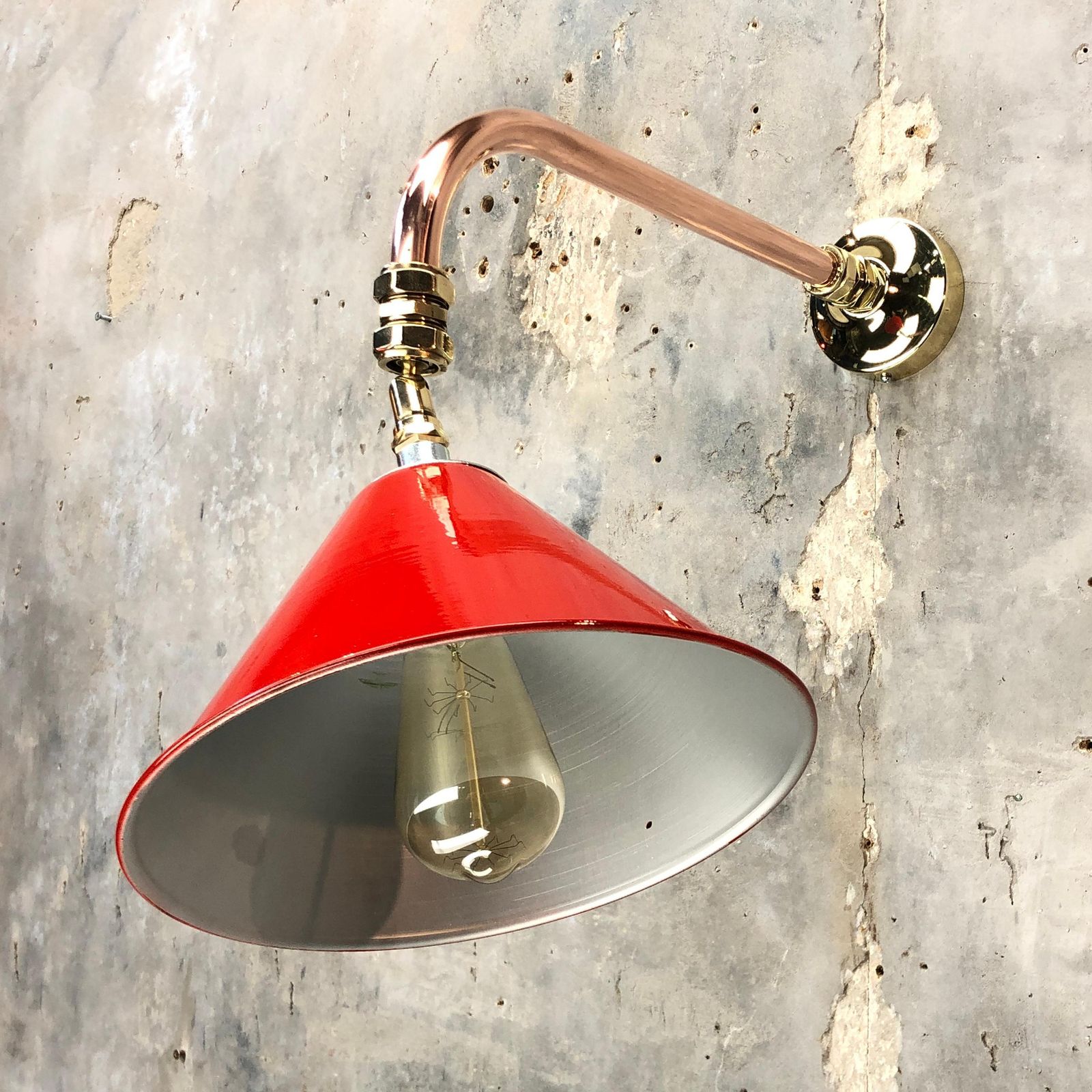 1980 British Army Lamp Shade In Red With Copper Cantilever Wall Lamp Edison Bulb photo buy