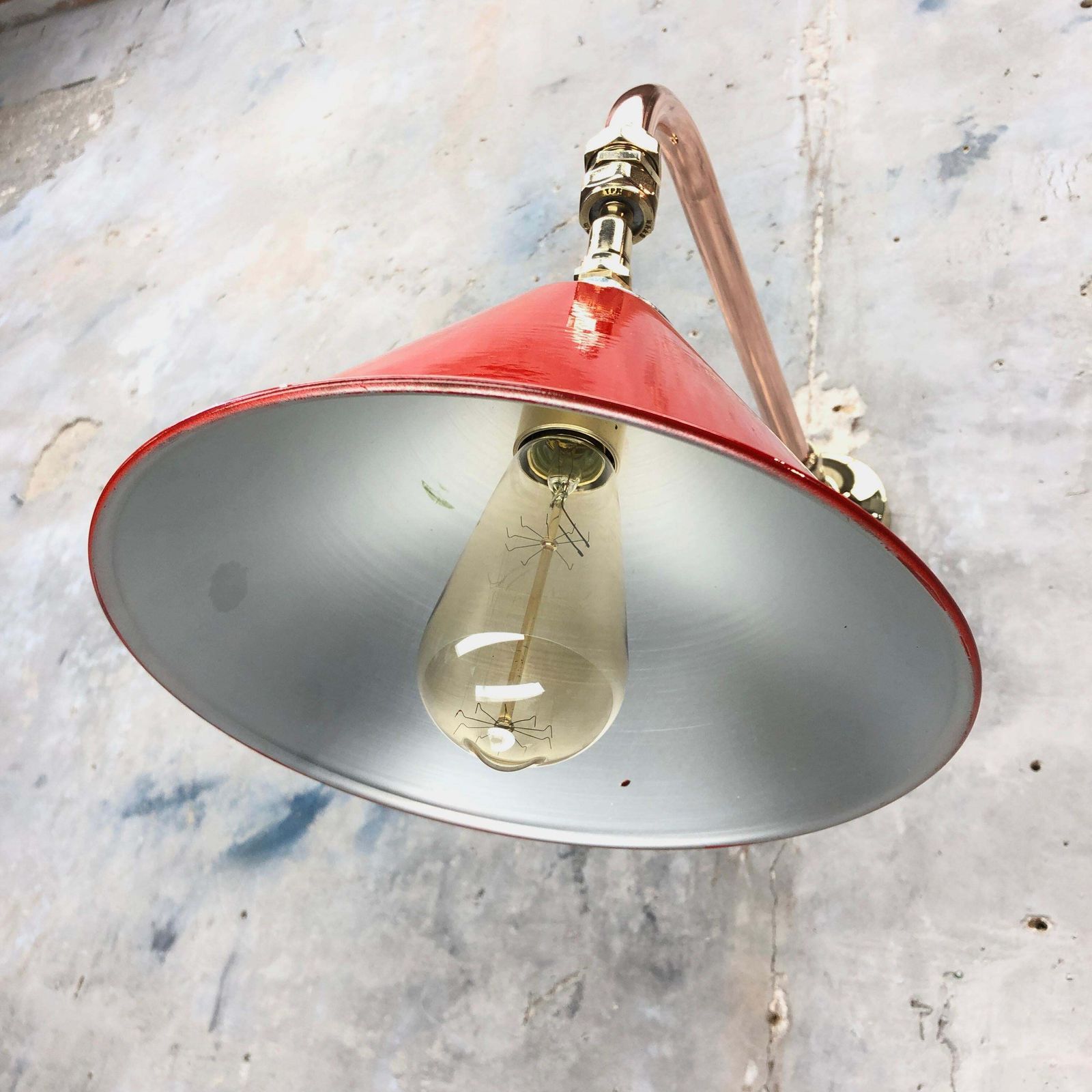 photo for sale 1980 British Army Lamp Shade In Red With Copper Cantilever Wall Lamp Edison Bulb