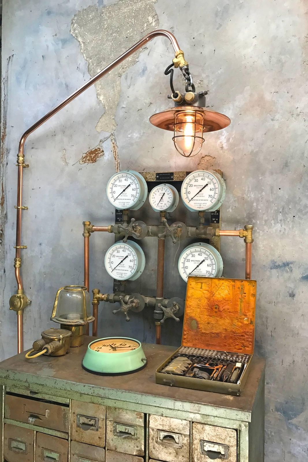 photo for sale 1970s Japanese Copper & Iron Cantilever Wall Light With Brass Fittings & Cage
