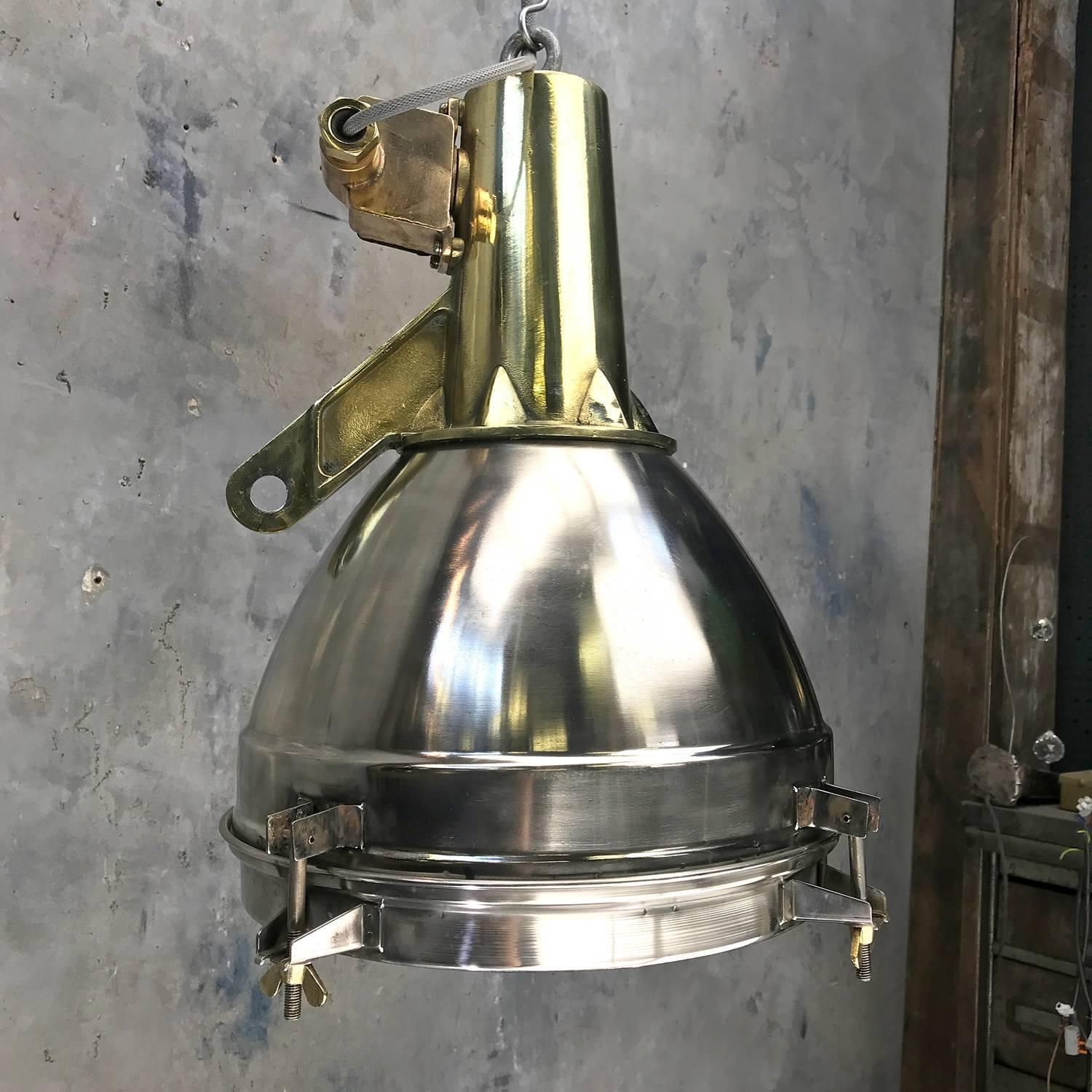 1970s Japanese Large Stainless Steel, Cast Brass And Bronze Search Light Pendant photo Lighting