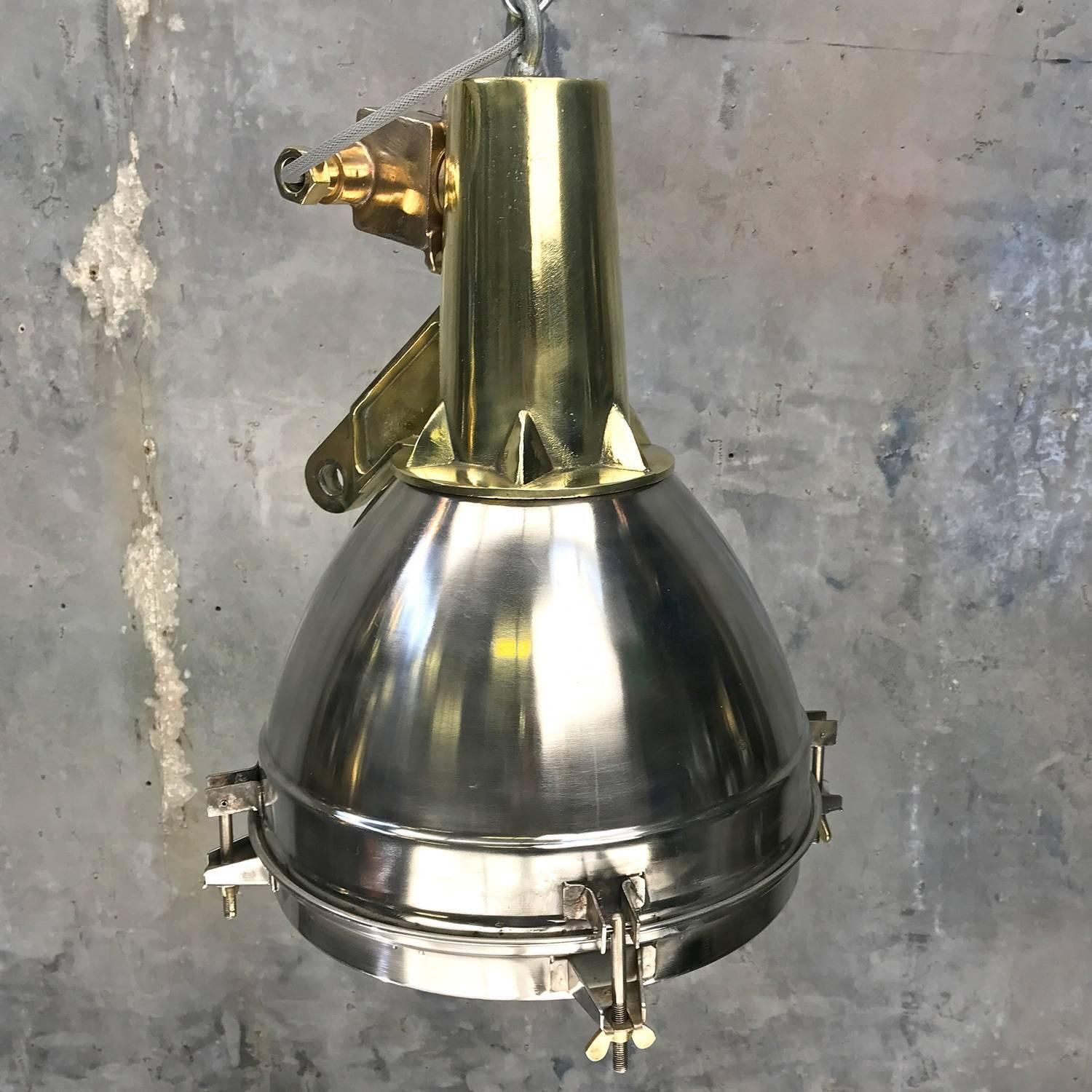 1970s Japanese Large Stainless Steel, Cast Brass And Bronze Search Light Pendant photo 520.0