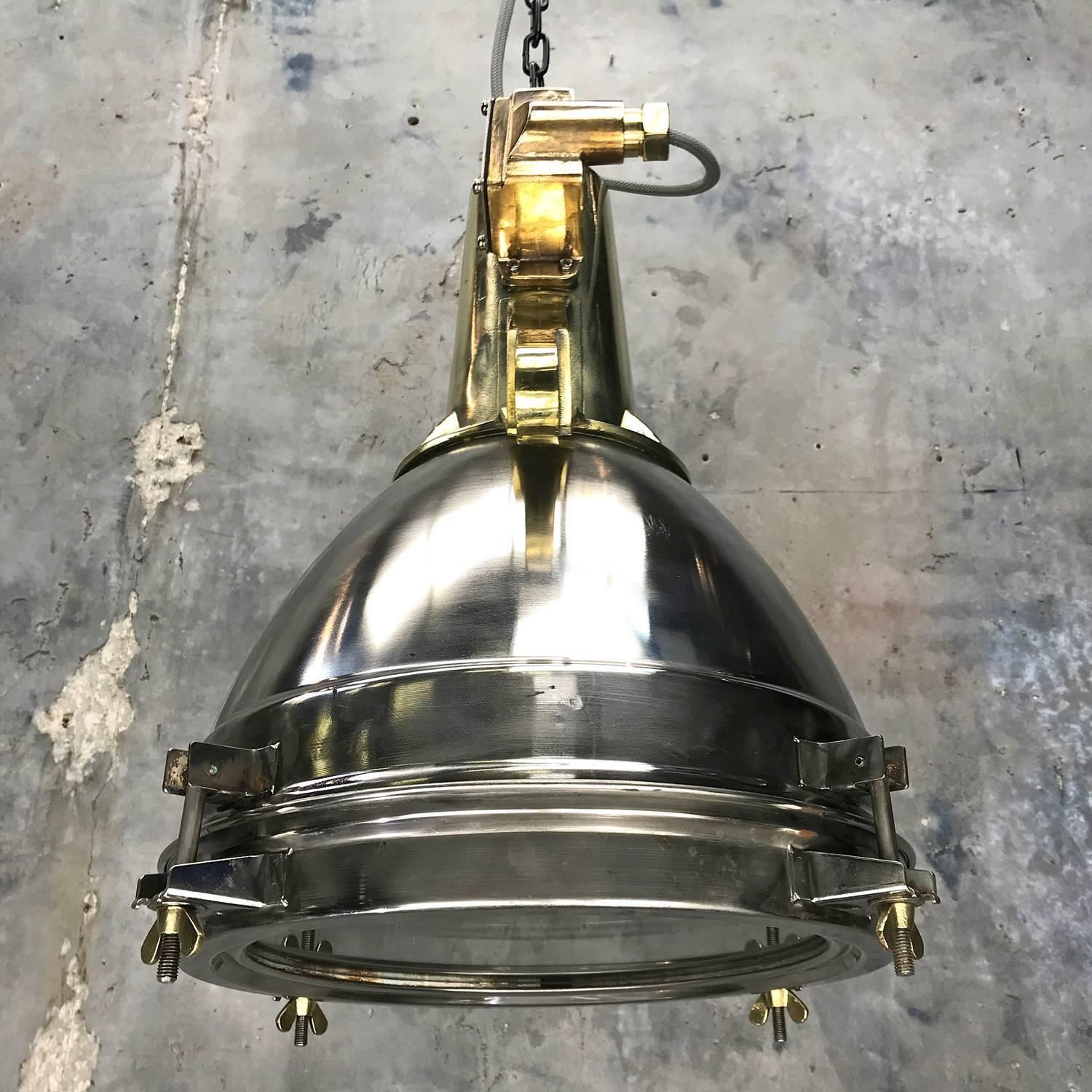 1970s Japanese Large Stainless Steel, Cast Brass And Bronze Search Light Pendant photo vintage