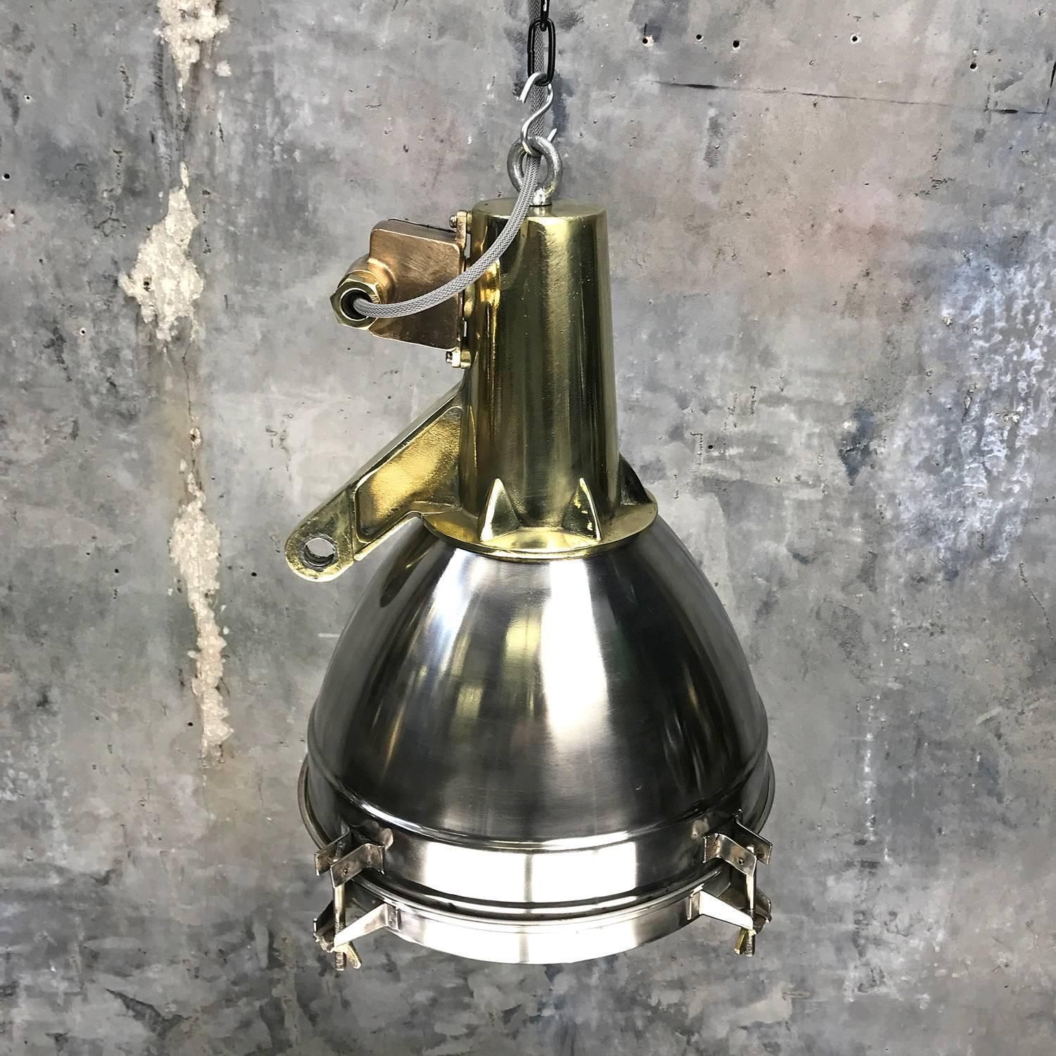 520.0 1970s Japanese Large Stainless Steel, Cast Brass And Bronze Search Light Pendant photo