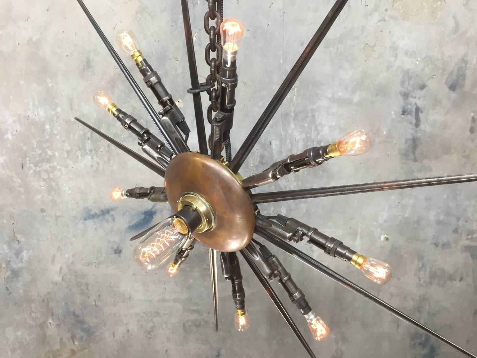 1880's Russian Rifle Bayonet Pendant Chandelier, Steel, Copper, Brass & Bronze photo Lighting