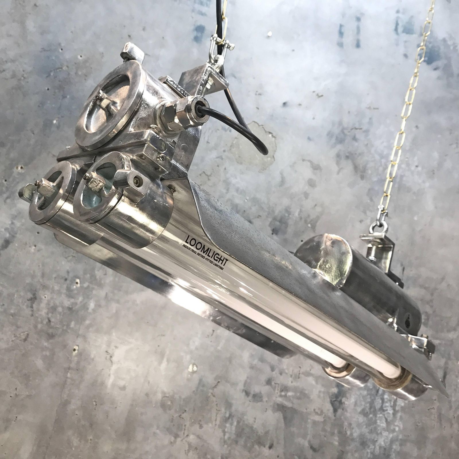 Mid Late Century Industrial Aluminium, Brass And Glass Flame Proof Strip Light photo 560.0