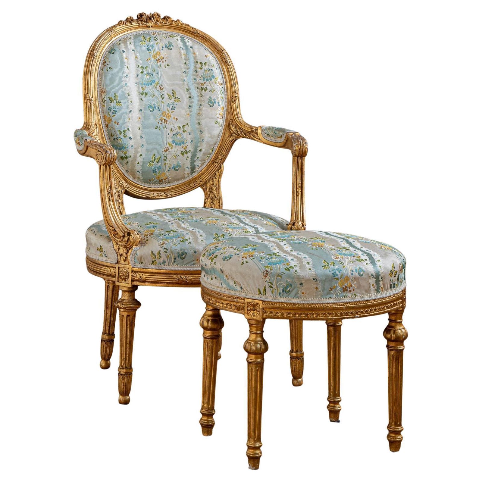 French Louis XVI Style Giltwood Armchair & Foot Stool, Circa Late 1800's