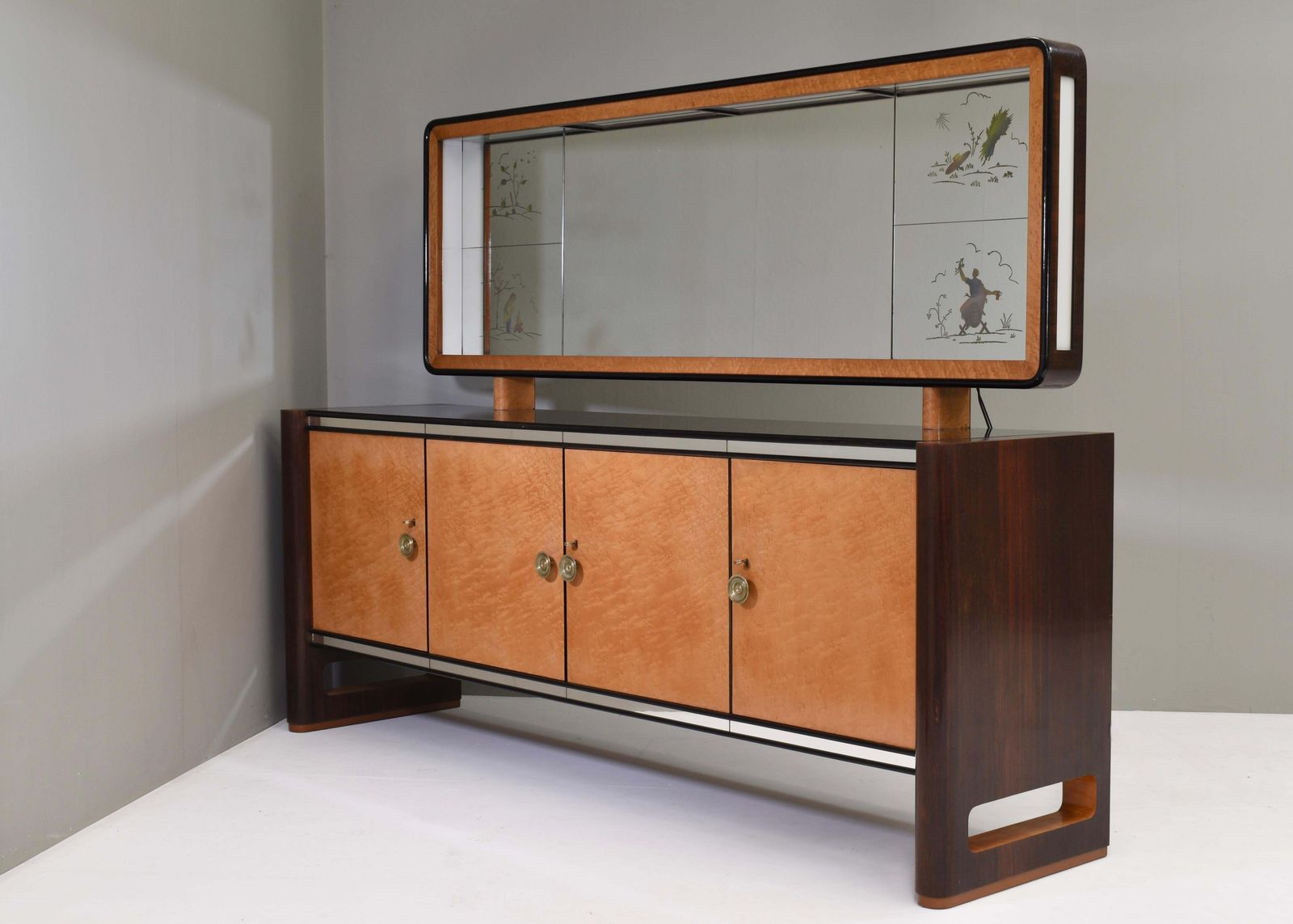 'Four Seasons' Sideboard With Illuminated Mirror In The Style Of Borsani   1930s photo furniture