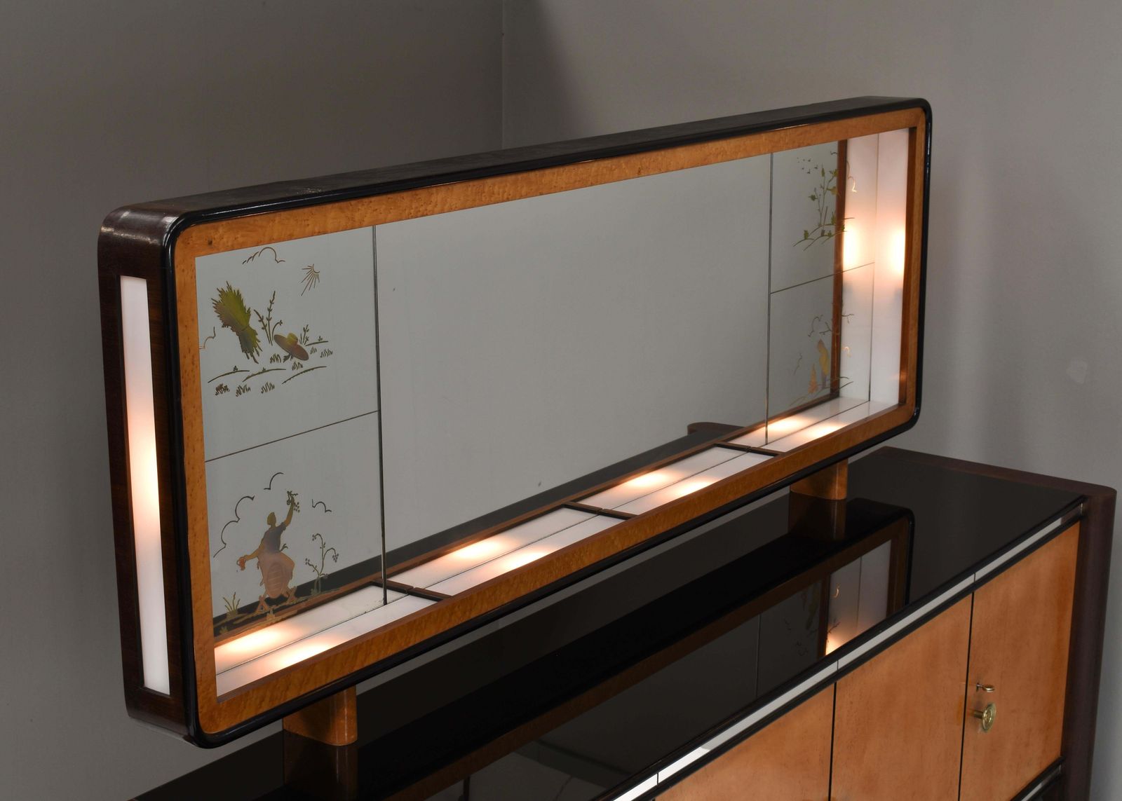 photo for sale 'Four Seasons' Sideboard With Illuminated Mirror In The Style Of Borsani   1930s