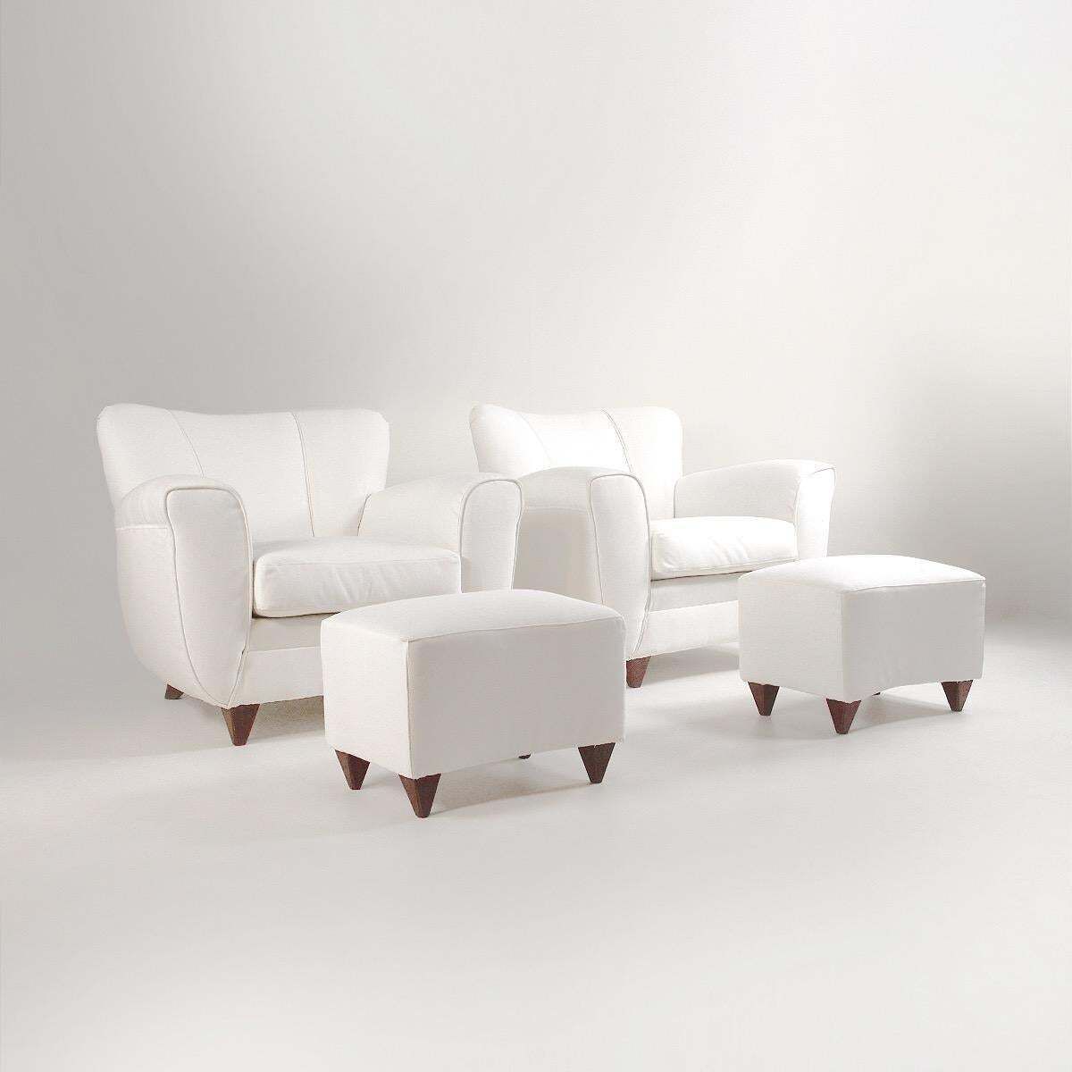 Pair Of Italian Armchairs With Poufs In White Fabric – Italy, Circa 1940s photo Furniture