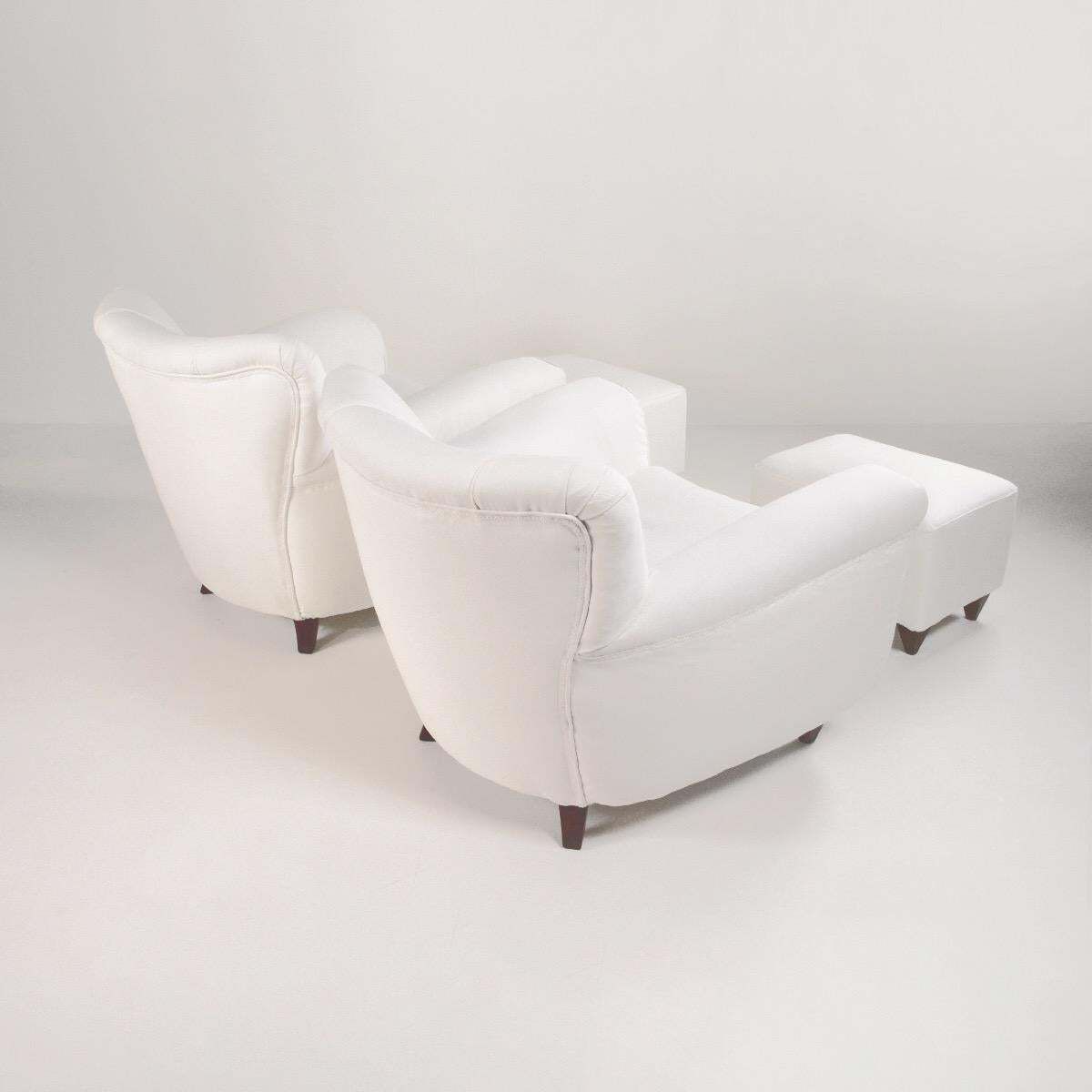Pair Of Italian Armchairs With Poufs In White Fabric – Italy, Circa 1940s photo vintage