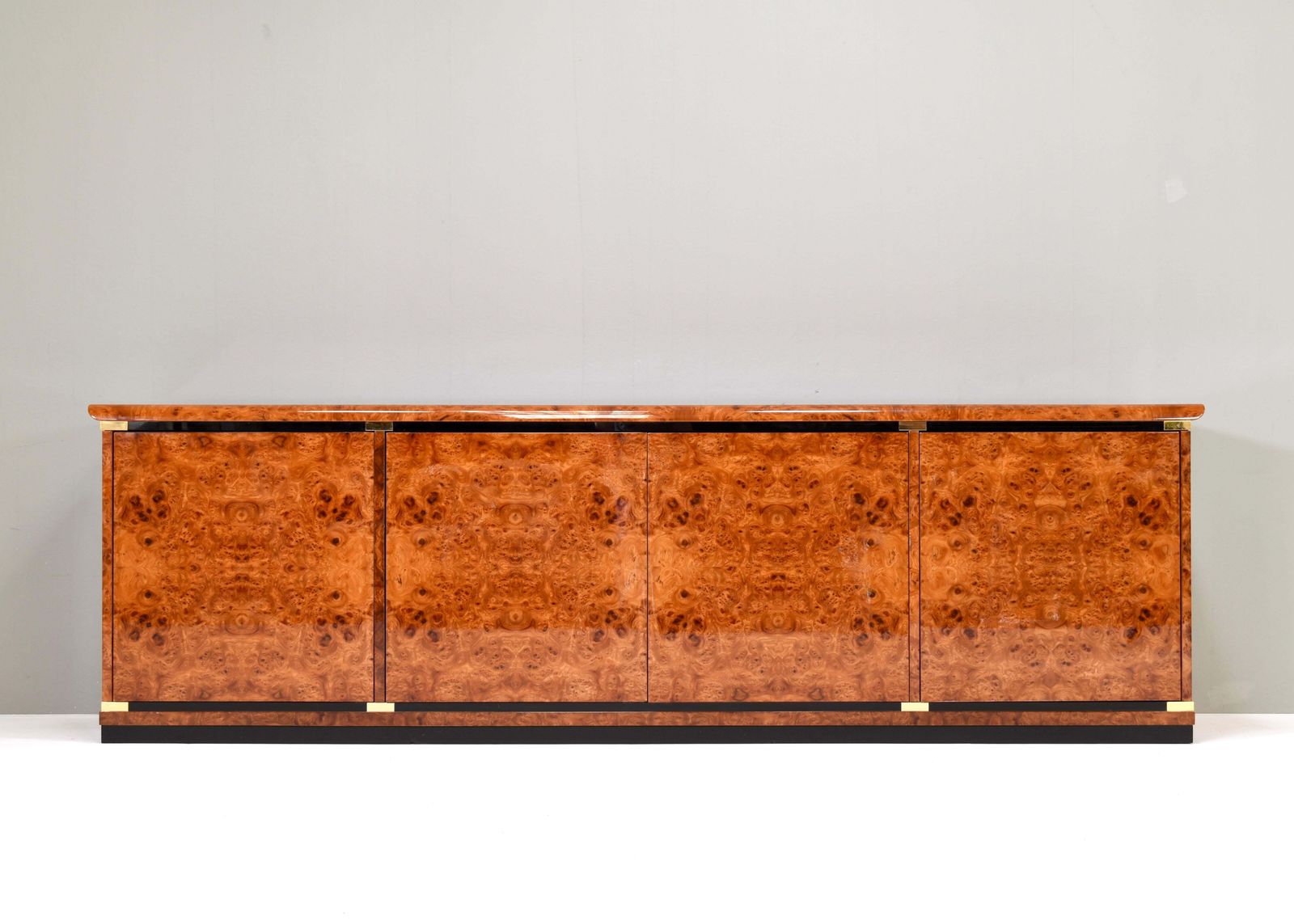Italian Sideboard In Burlwood And Brass Details By Glam Furniture Italy, 1970's photo furniture