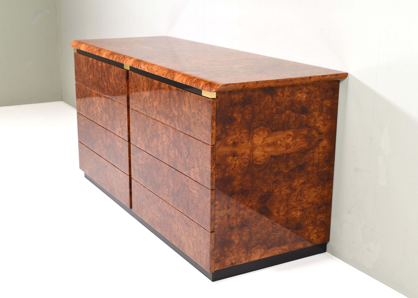 Italian Drawer Credenza In High Gloss Burl And Brass, Italy   1970's photo for sale