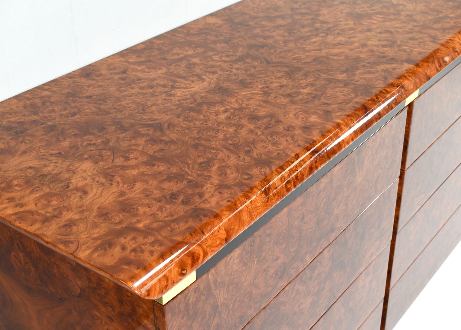 Italian Drawer Credenza In High Gloss Burl And Brass, Italy   1970's photo buy