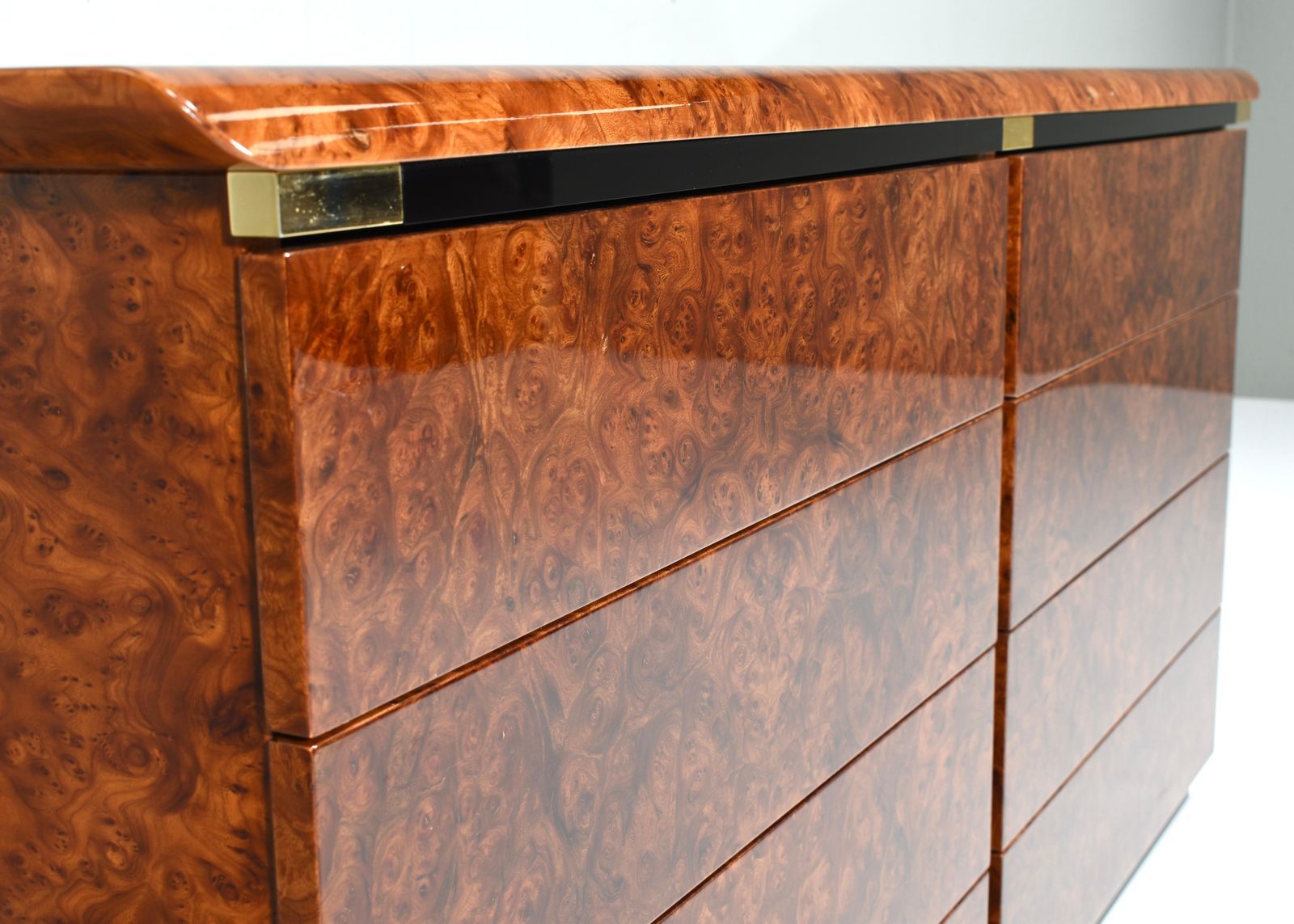 photo furniture Italian Drawer Credenza In High Gloss Burl And Brass, Italy   1970's