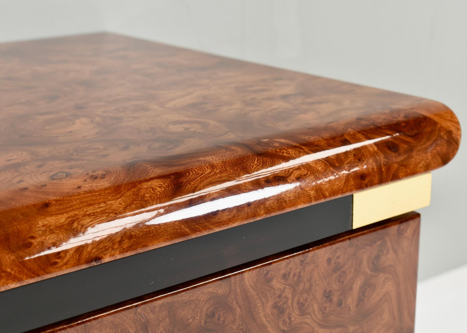 Furniture Italian Drawer Credenza In High Gloss Burl And Brass, Italy   1970's photo