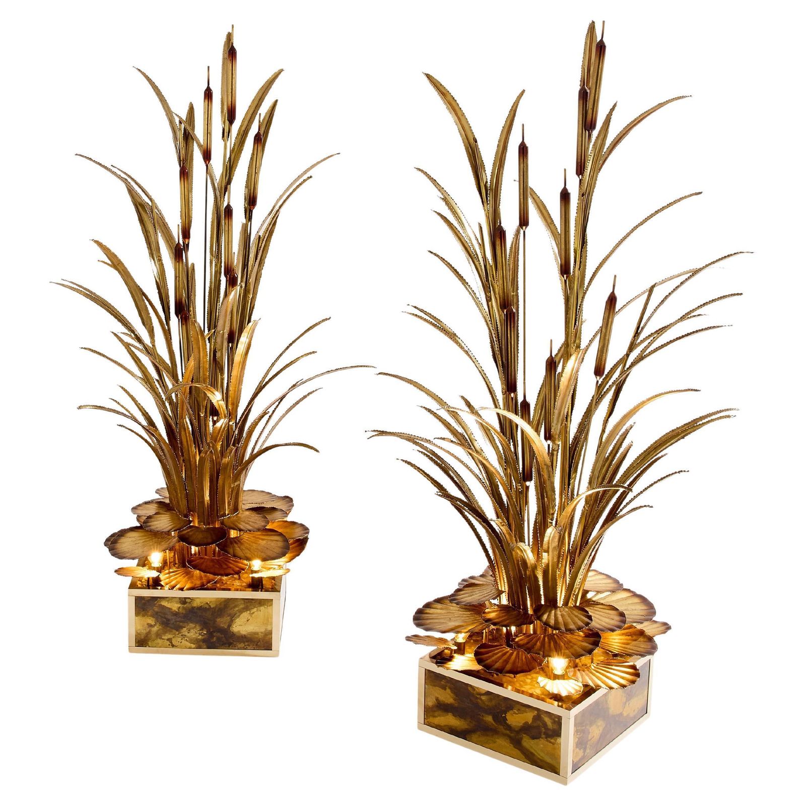 Maison Jansen Pair Of Brass Reeds Water Lilies Floor Lamps 1970s