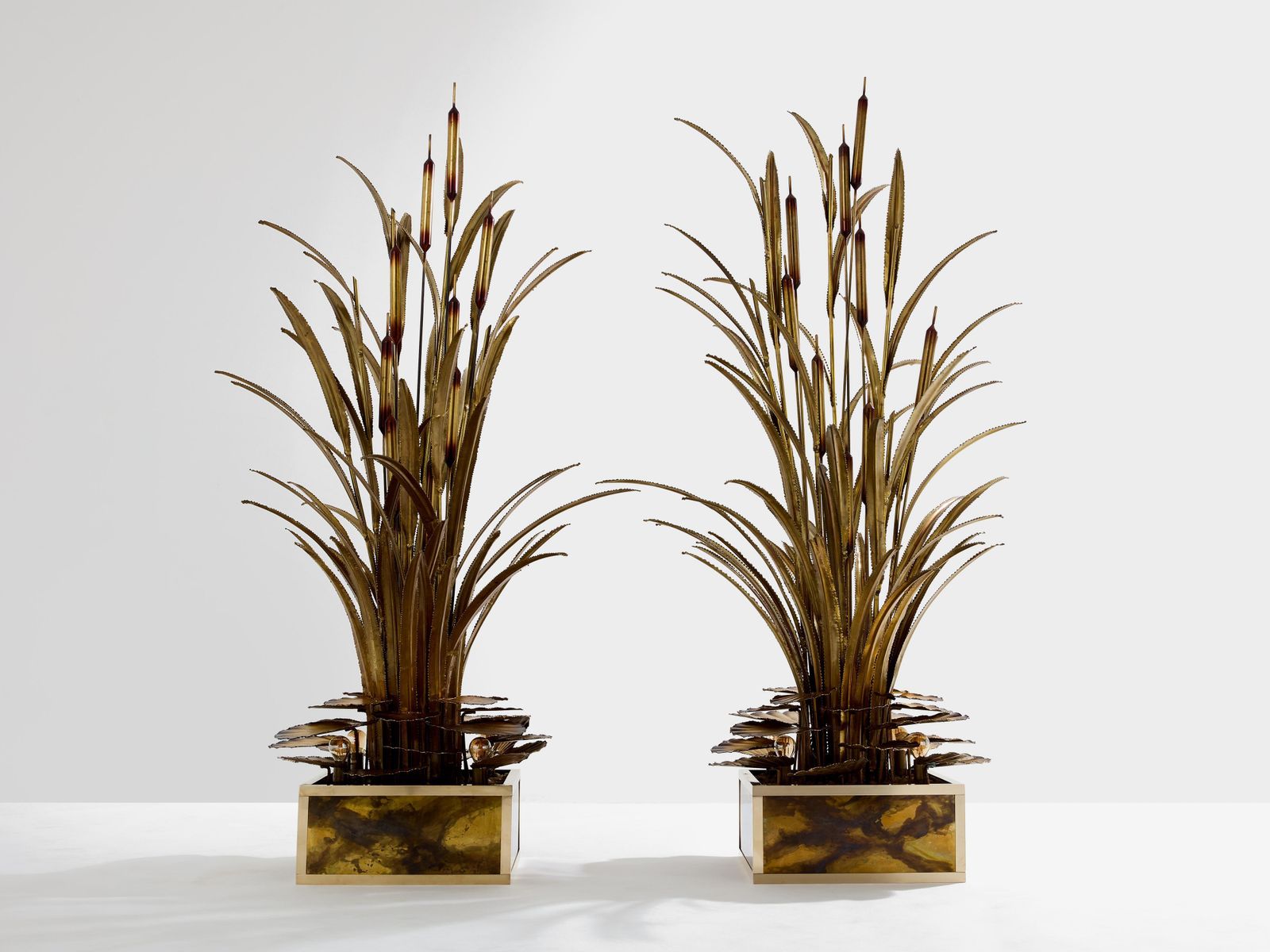 Maison Jansen Pair Of Brass Reeds Water Lilies Floor Lamps 1970s photo Lighting