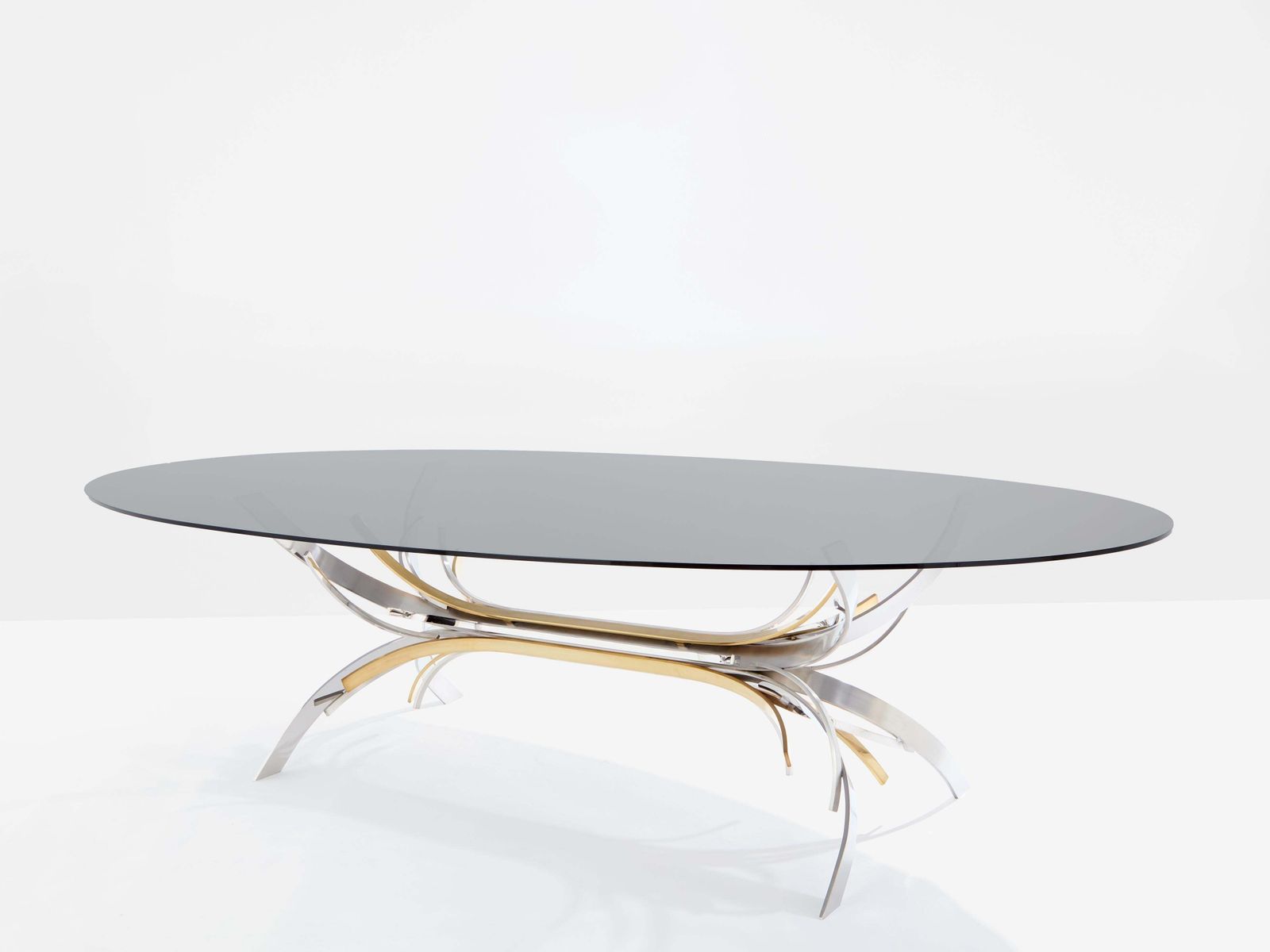 Table à manger Maria Pergay en acier poli et laiton, modèle Gerbe, 1970 photo for sale