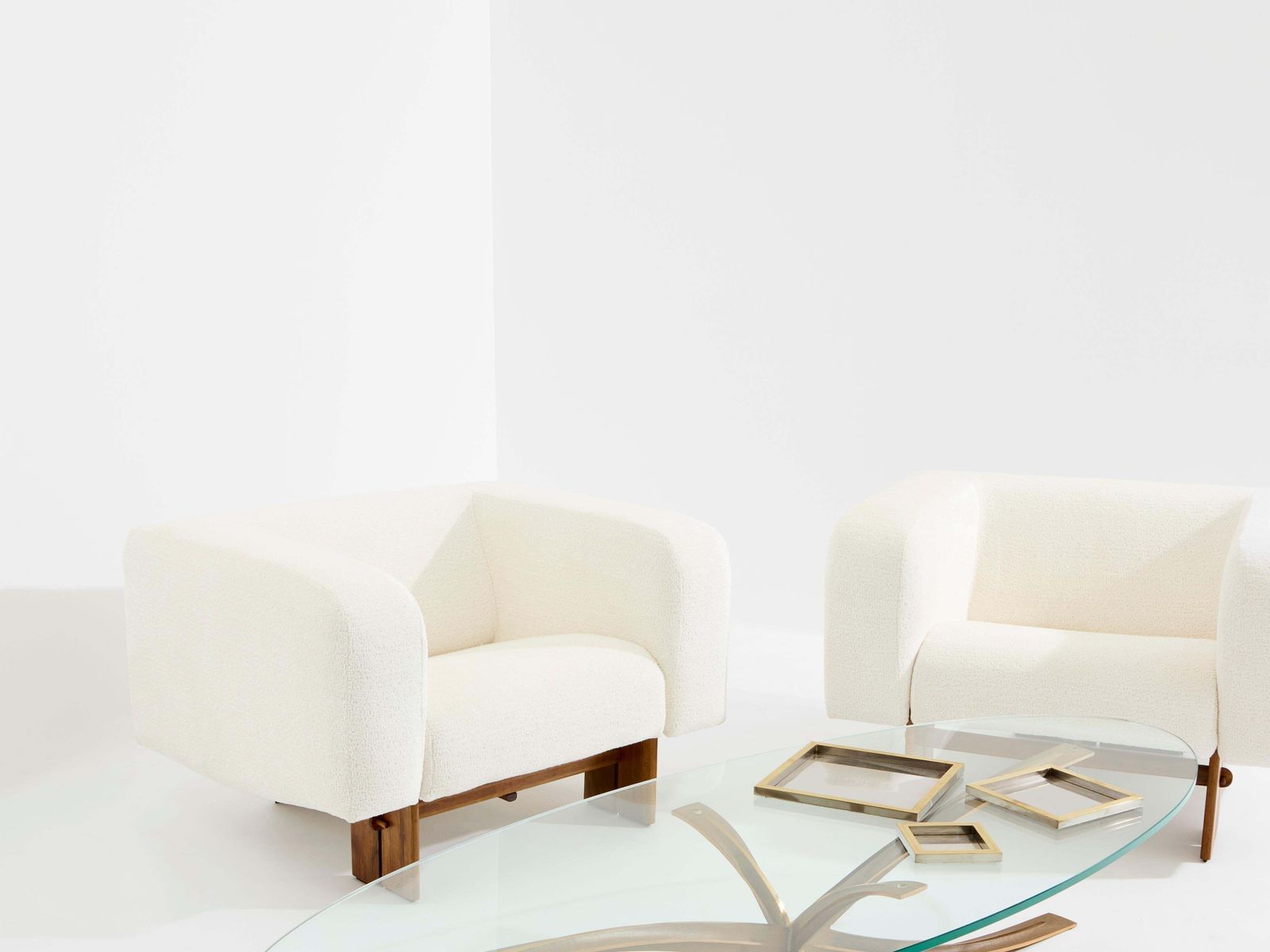 Furniture Pair Of Brutalist Italian Armchairs Walnut And Chenille Velvet 1960s photo