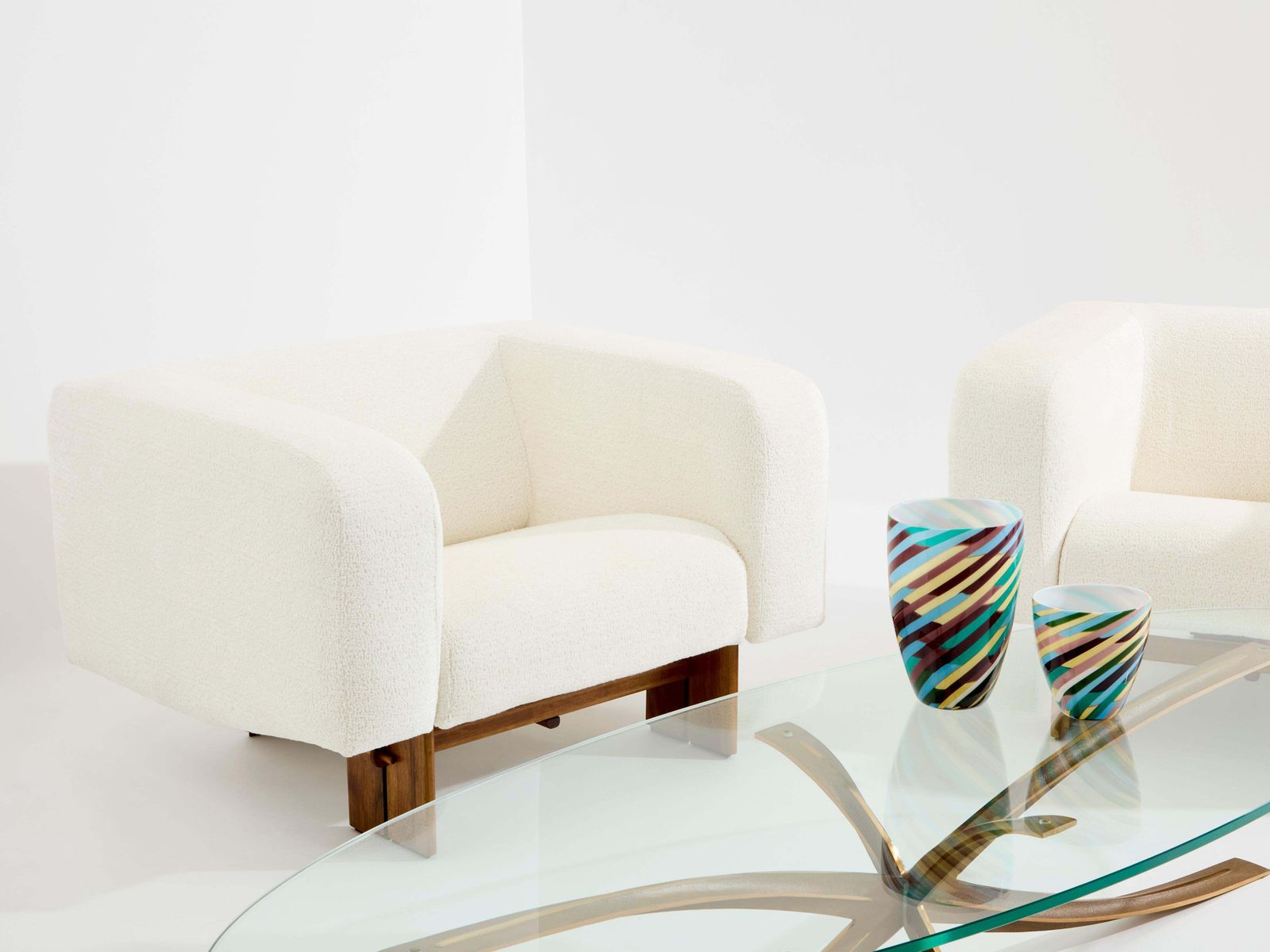 23708.0 Pair Of Brutalist Italian Armchairs Walnut And Chenille Velvet 1960s photo