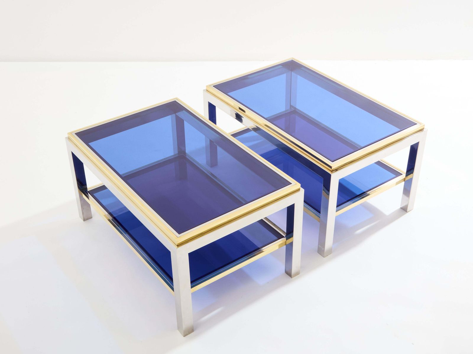 Pair Of Two Tier Brass Chrome Side Tables Willy Rizzo Flaminia 1970s photo for sale