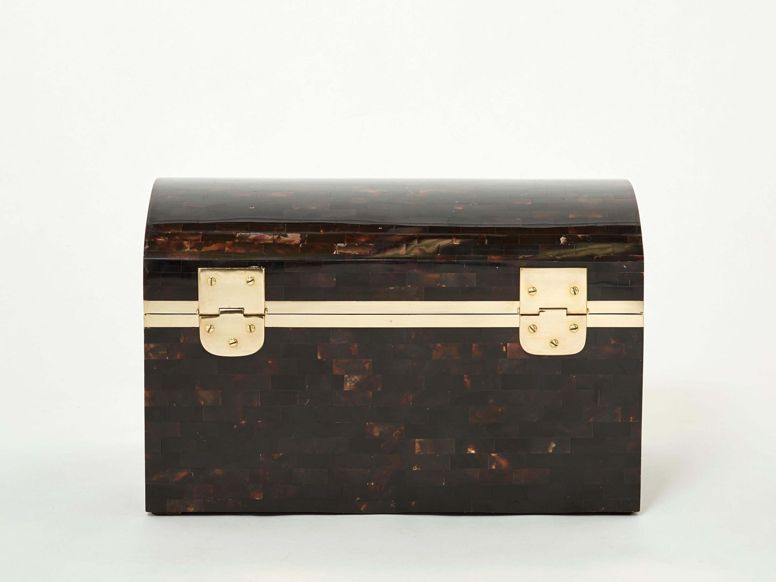 Midcentury Italian Horn Marquetry Brass Trunk Box, 1960 photo Home Decor