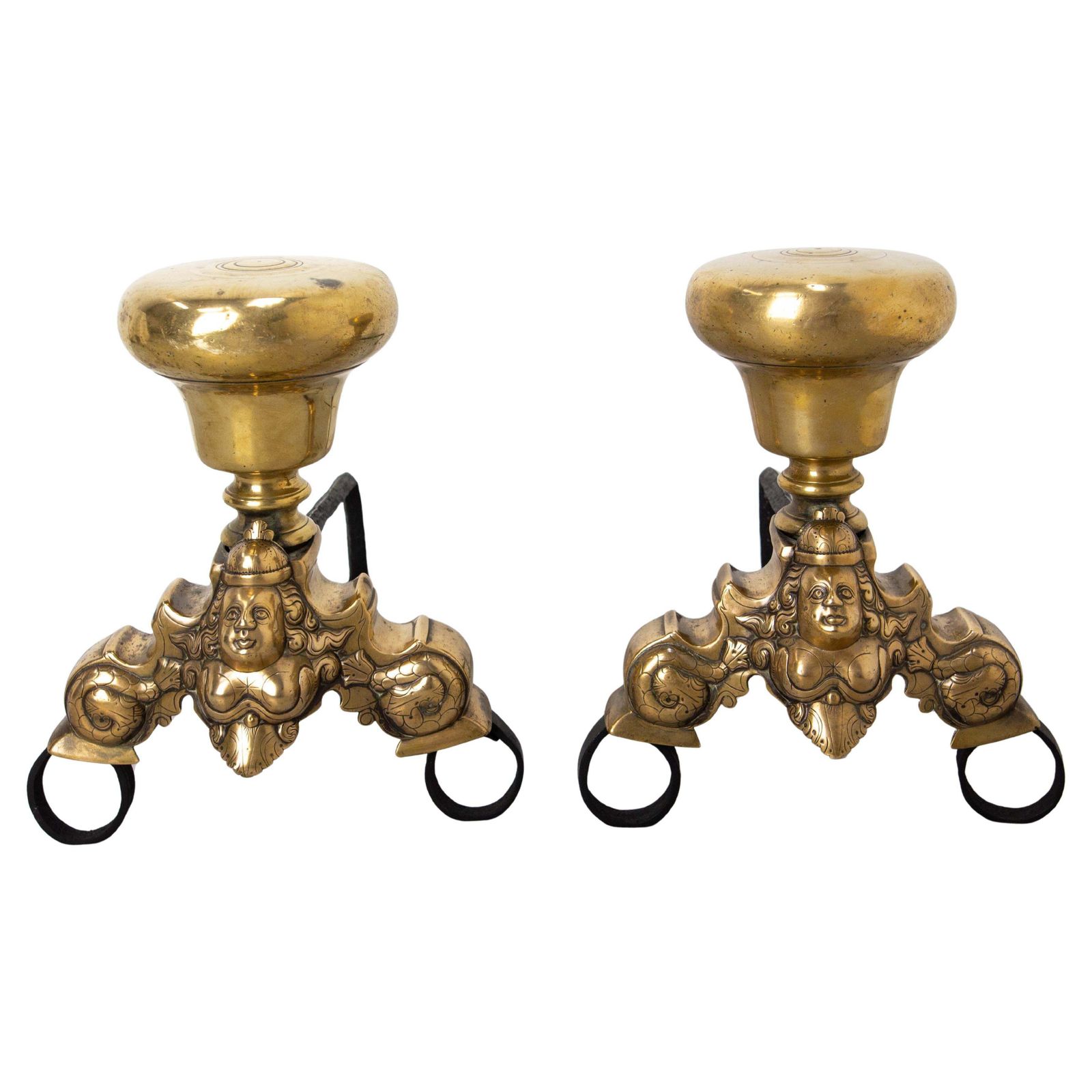 Pair Of Louis XV Siren Fire Dogs Wrought Iron Andirons, France, 18th Century