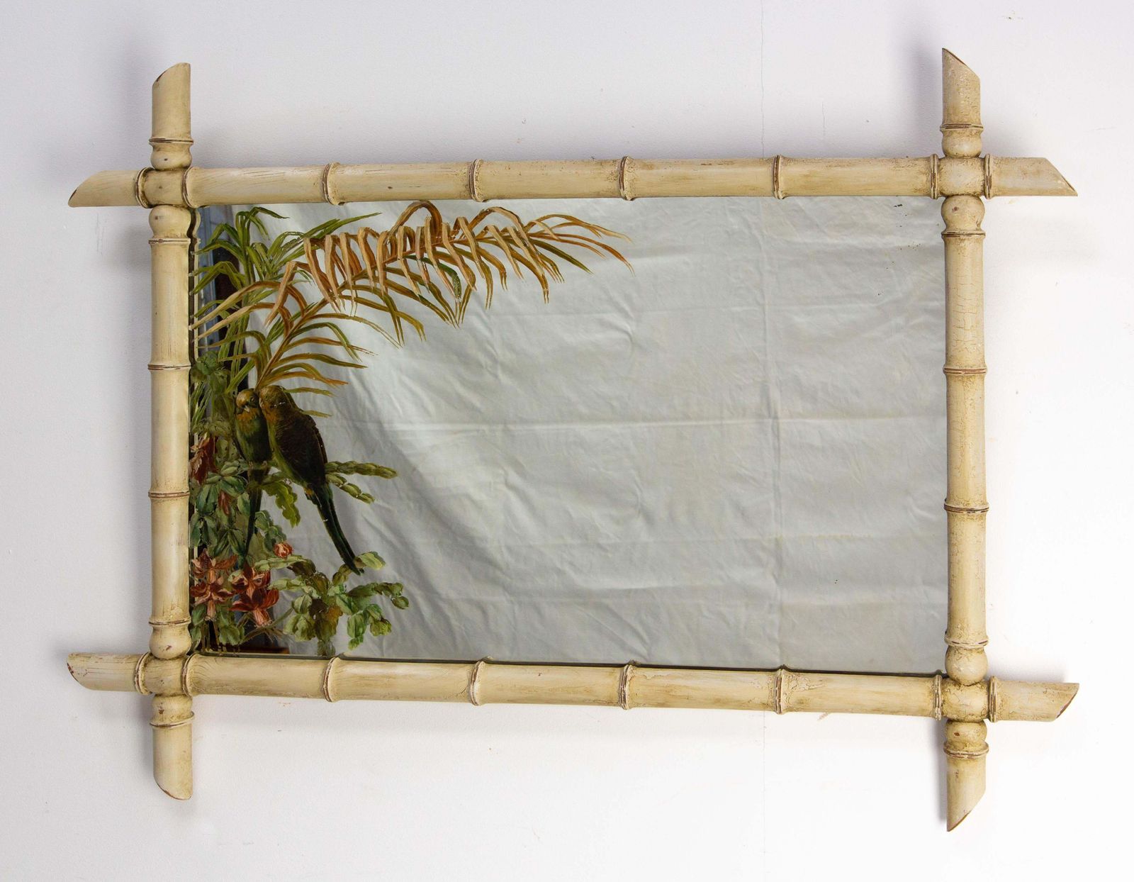 French Faux Bamboo Mirror Patinated & Painted Parakeets On Mirror, Circa 1910 photo furniture