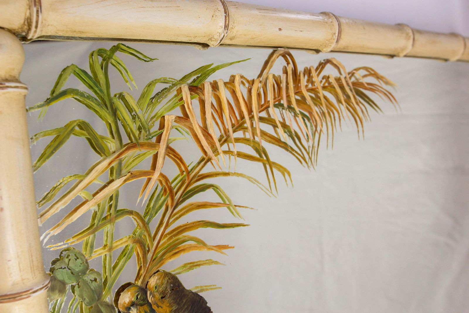 French Faux Bamboo Mirror Patinated & Painted Parakeets On Mirror, Circa 1910 photo Home Decor
