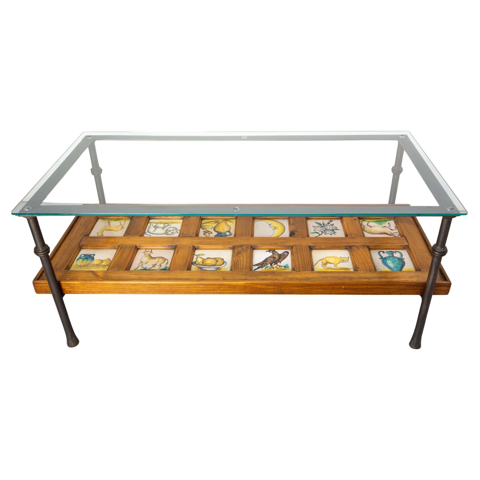 Spanish Wrought Iron Glass & Pine Coffee Table With 19thc Faience Circa 1960